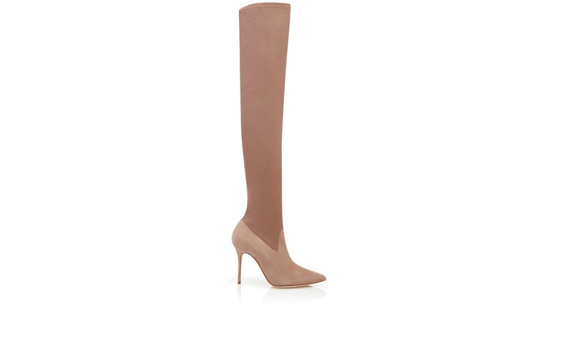 Beige Suede Fitted Thigh High Boots 1