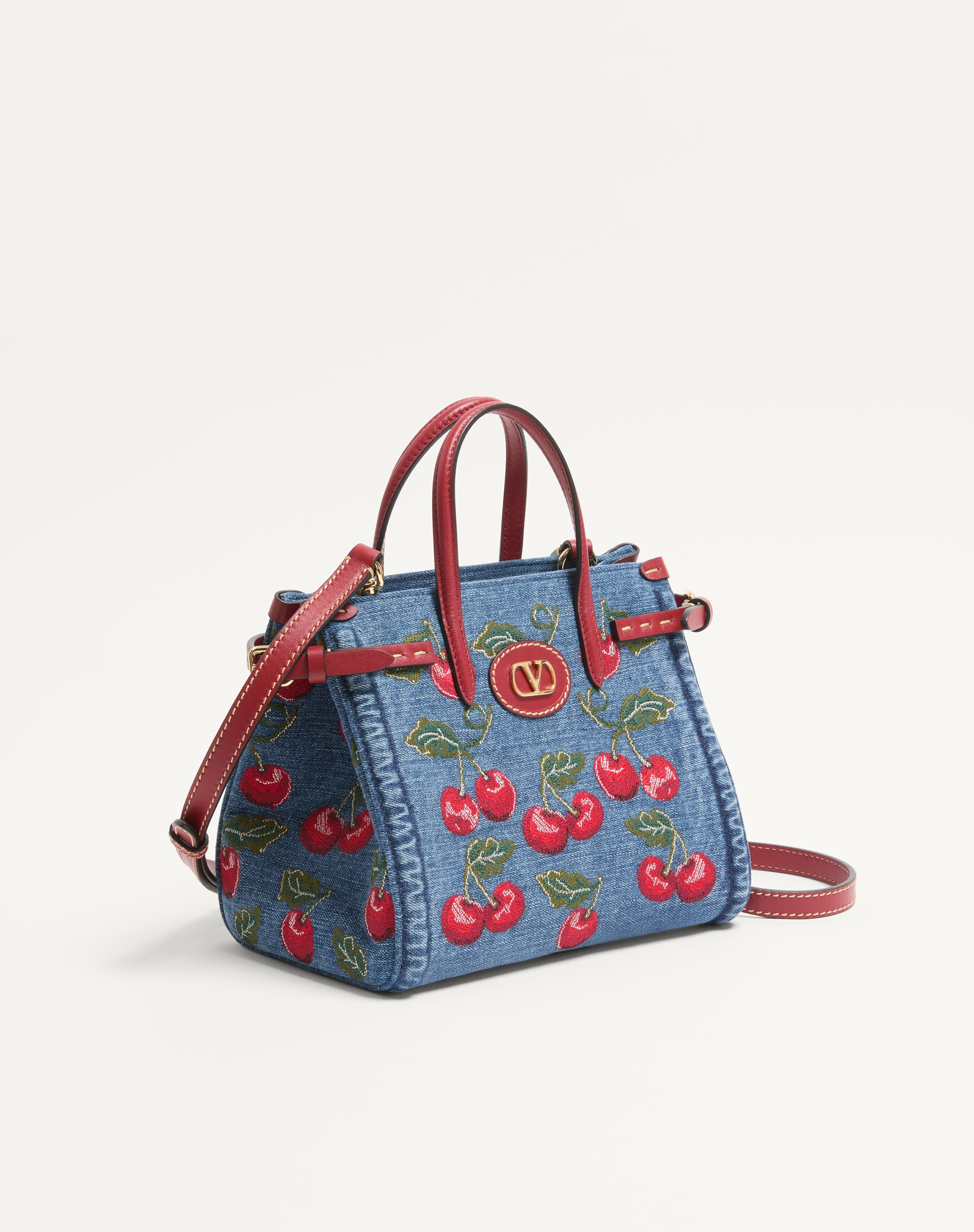 VALENTINO GARAVANI ANTIBES SMALL SHOPPING BAG IN DENIM WITH CHERRYFIC EMBROIDERY - 2