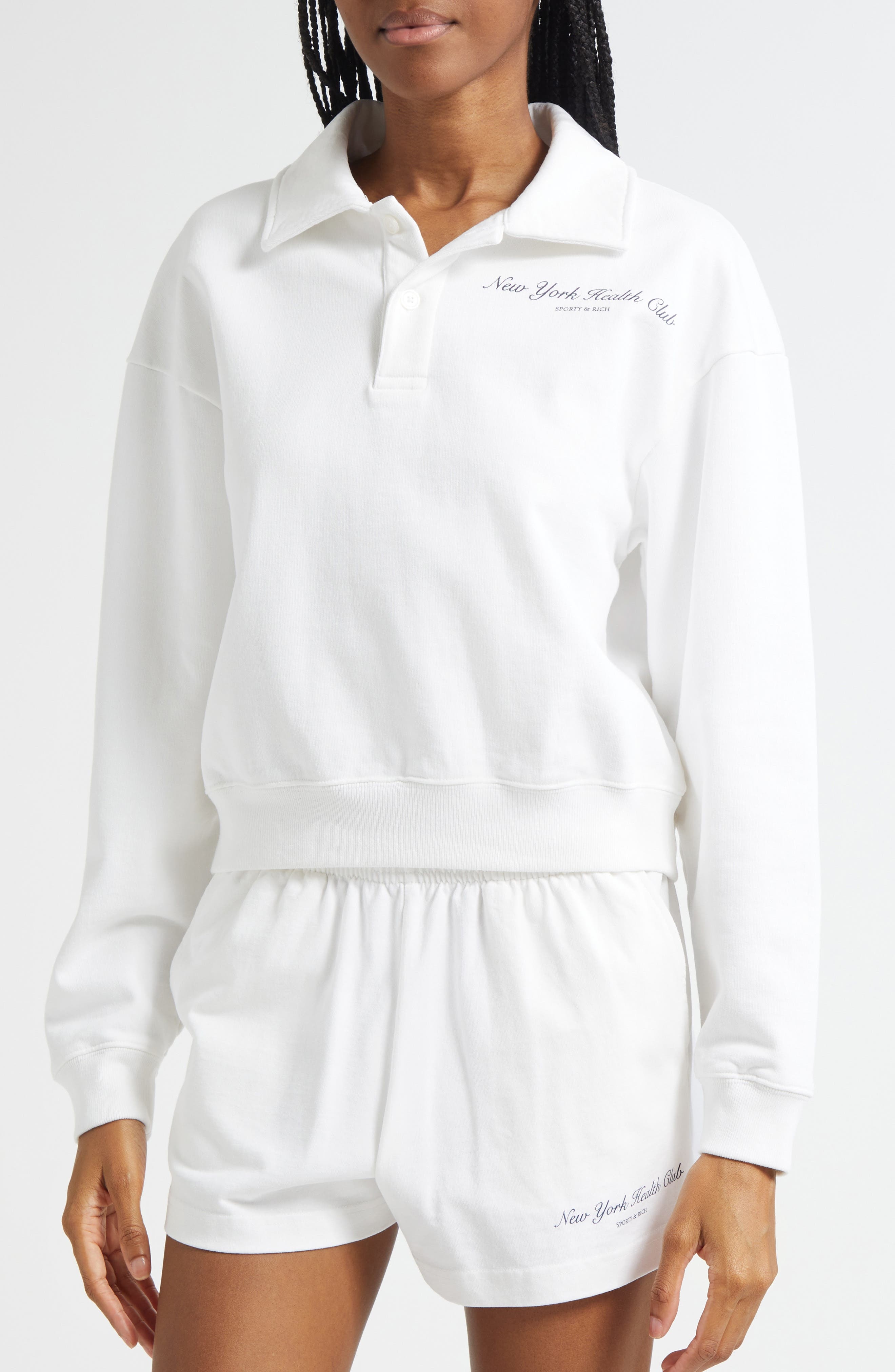 Sporty & Rich NY Health Club Polo Sweatshirt in White at Nordstrom - 5