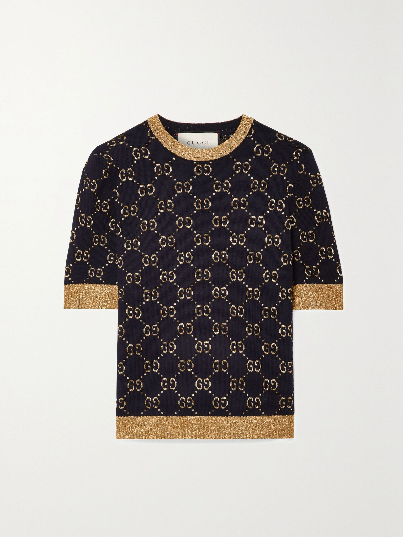 Metallic jacquard-knit cotton-blend sweater Navy - 1