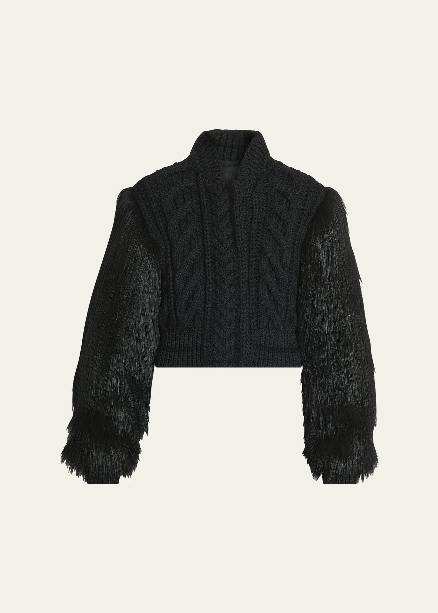 Faux Fur Sleeve Cable Wool Varsity Jacket - 1