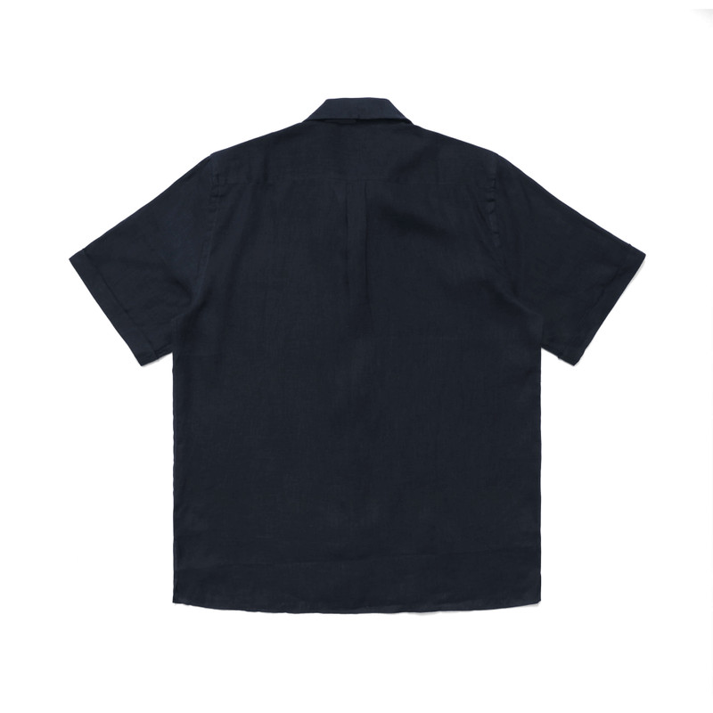 Vilebrequin Men Linen Bowling Shirt in Solid Navy - Vilebrequin X Malbon outlook