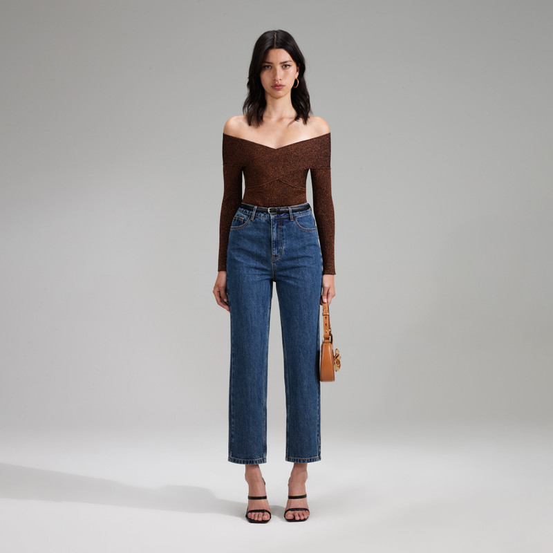 Brown Lurex Knit Off Shoulder Top 1