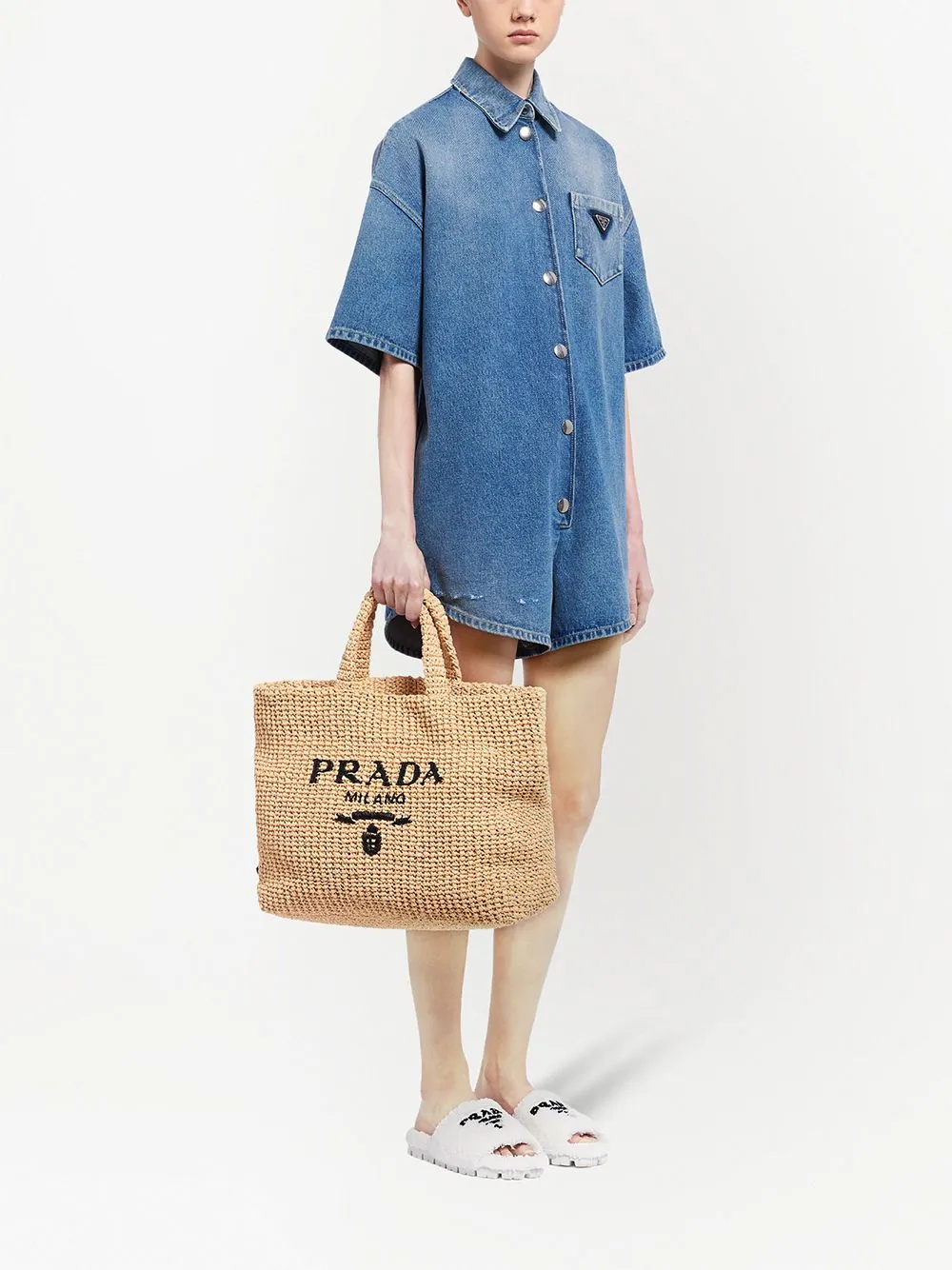 logo-embroidered raffia tote bag - 2