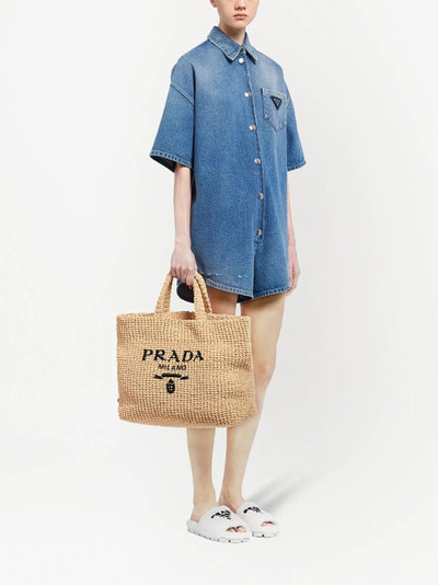 Prada logo-embroidered raffia tote bag outlook