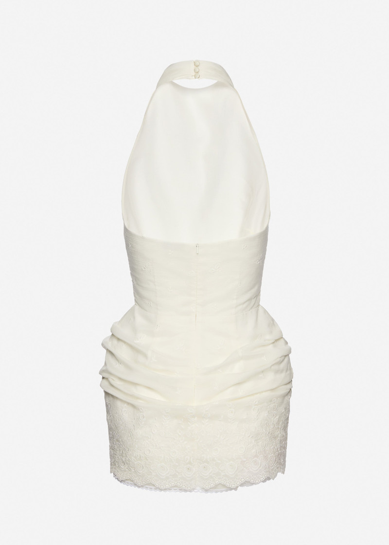 Halterneck mini dress with draped embroidered skirt in cream 2