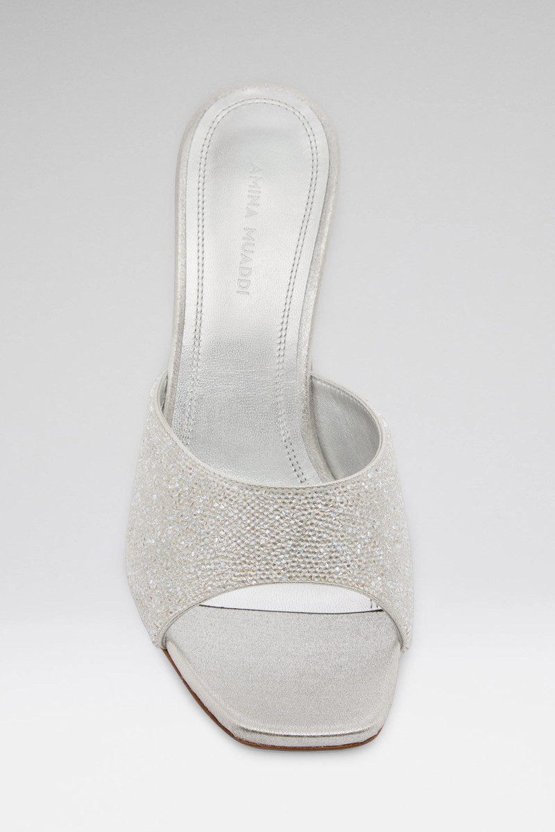 Amina Muaddi LUPITA CRYSTAL DUST SLIPPER SILVER SATIN AND WHITE CRYSTALS outlook