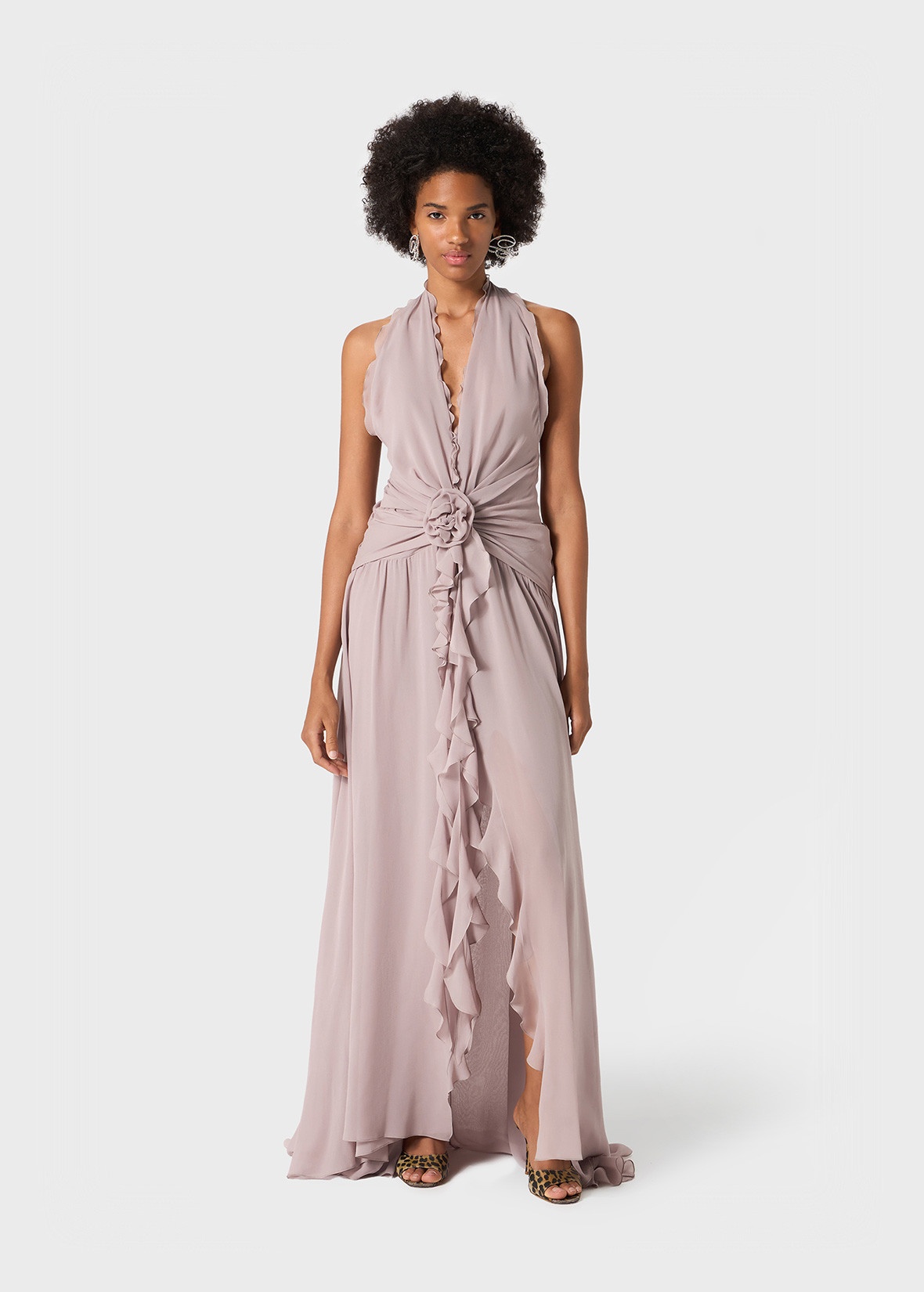 LONG GEORGETTE DRESS WITH RUFFLES AND ROSE DECORATION - 2