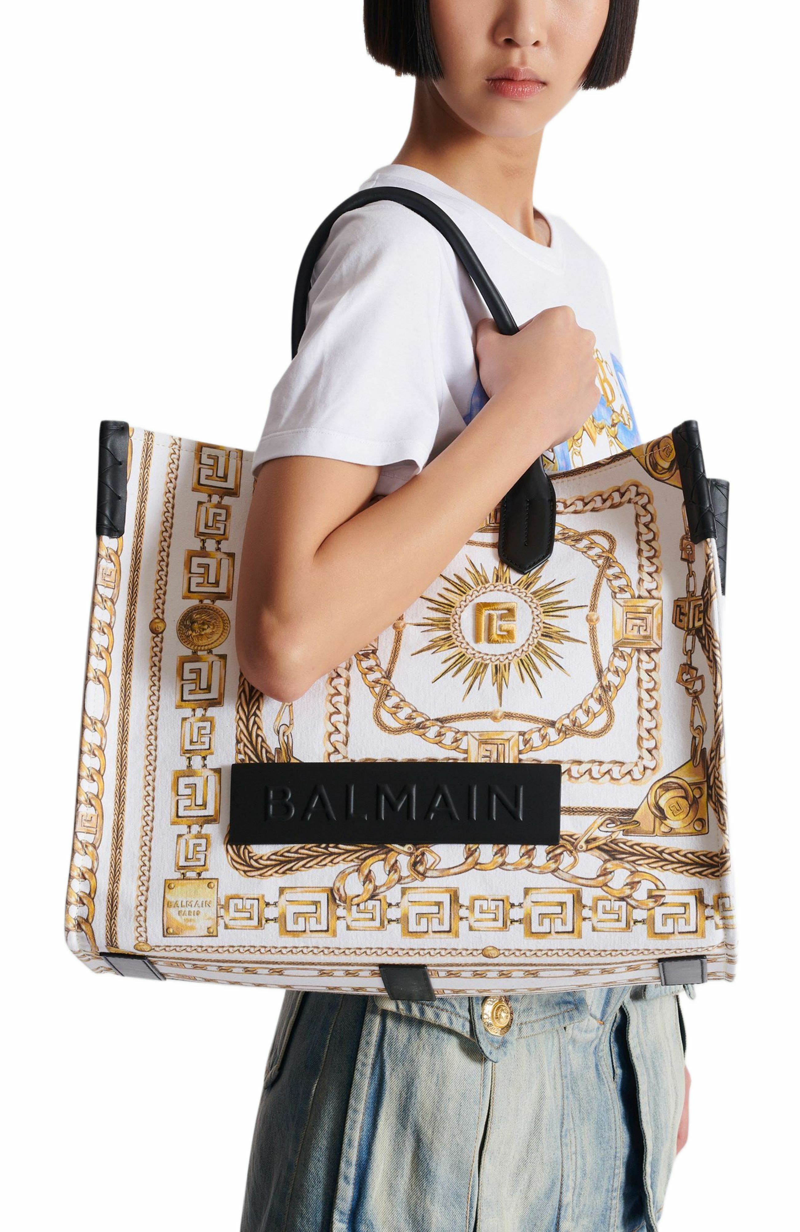 Balmain B-Army Medium tote bag in printed canvas in Gold at Nordstrom - 8