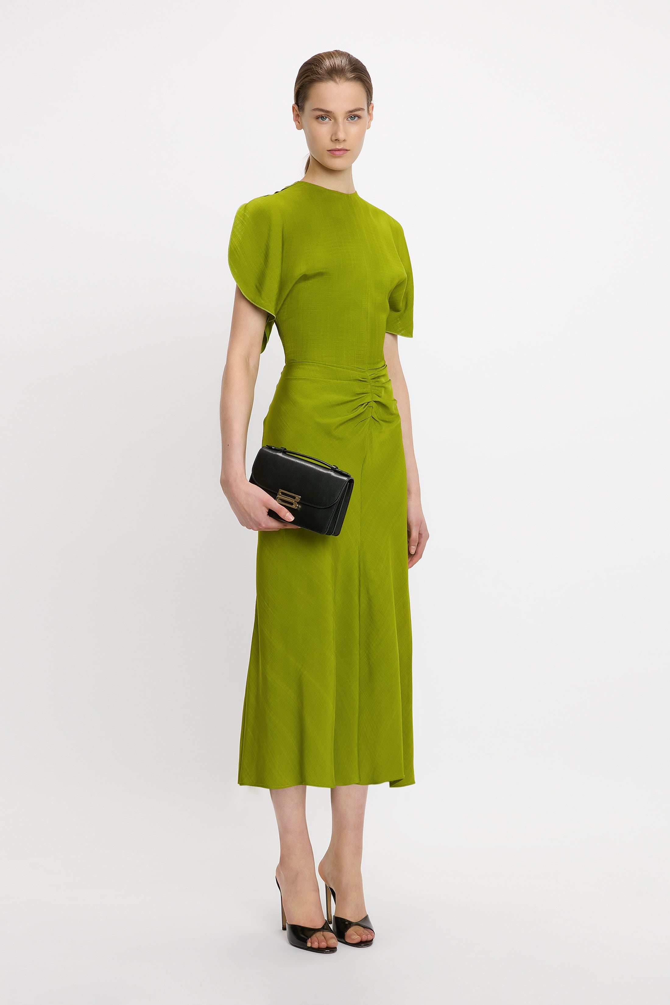 Victoria Beckham Gathered Waist Midi Dress In Parrot Green