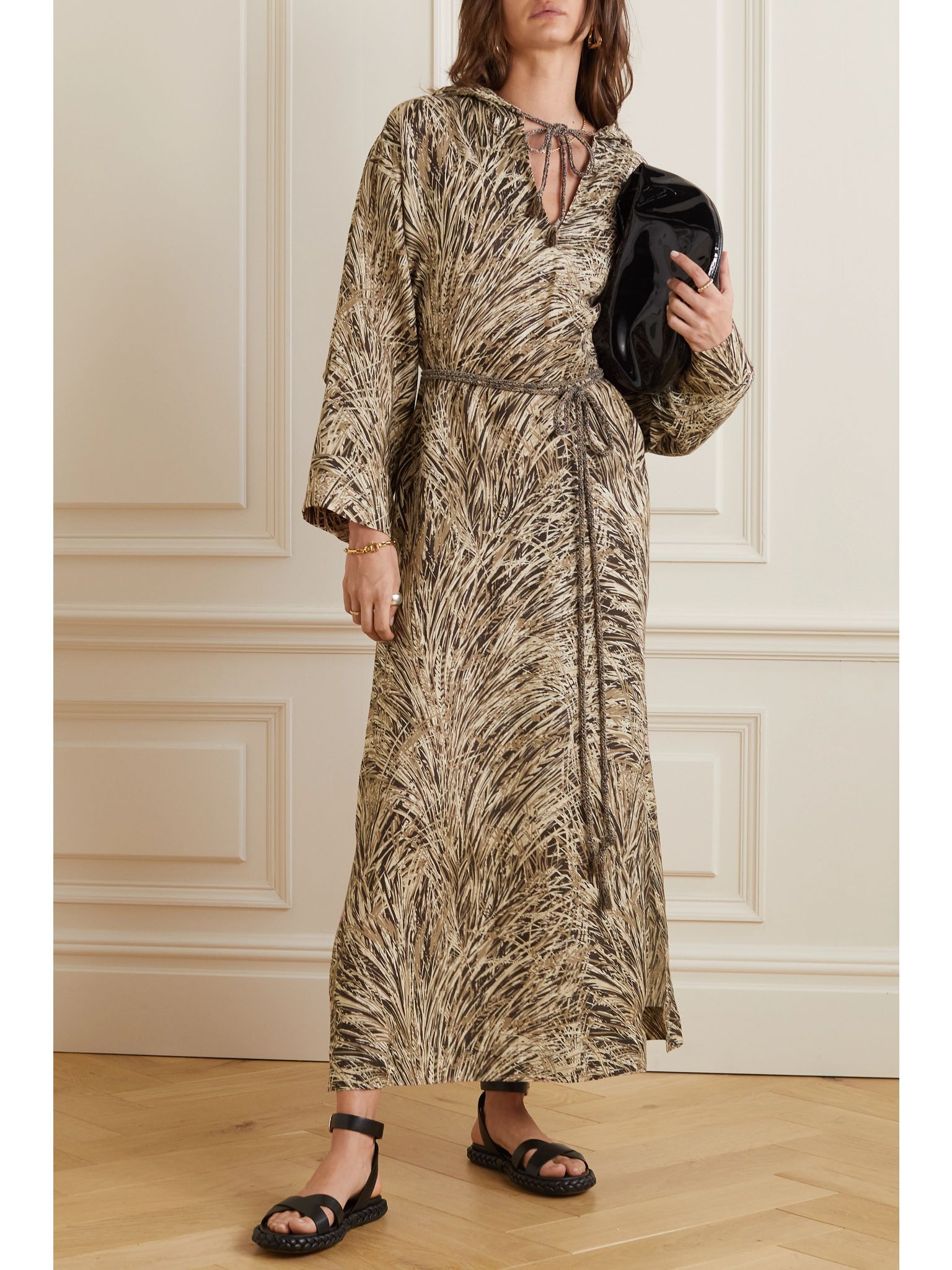 Lauraine belted printed hooded linen maxi dress Brown - 3