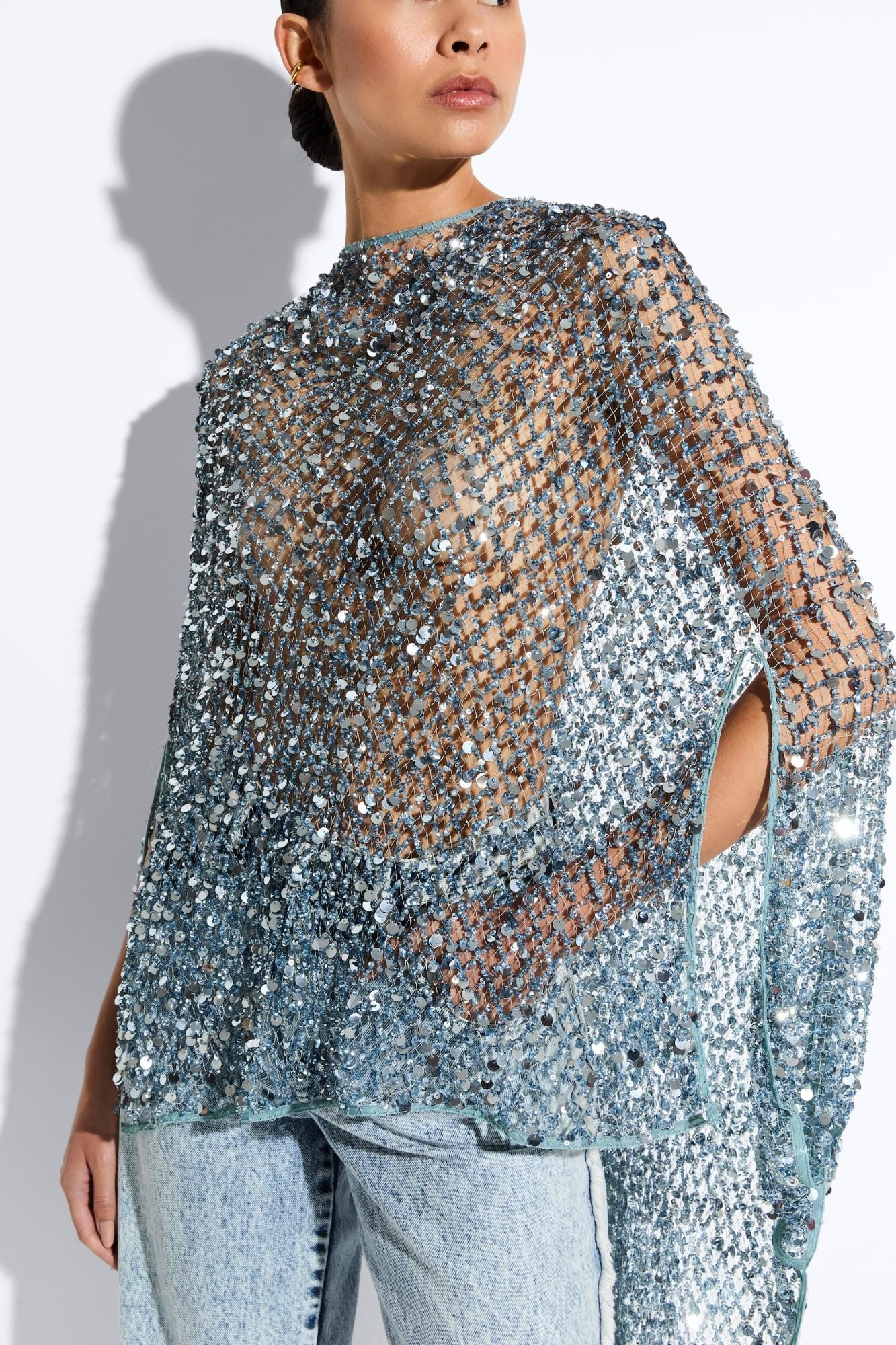 Net Mesh Sequin Oversized Cape Tee - 4