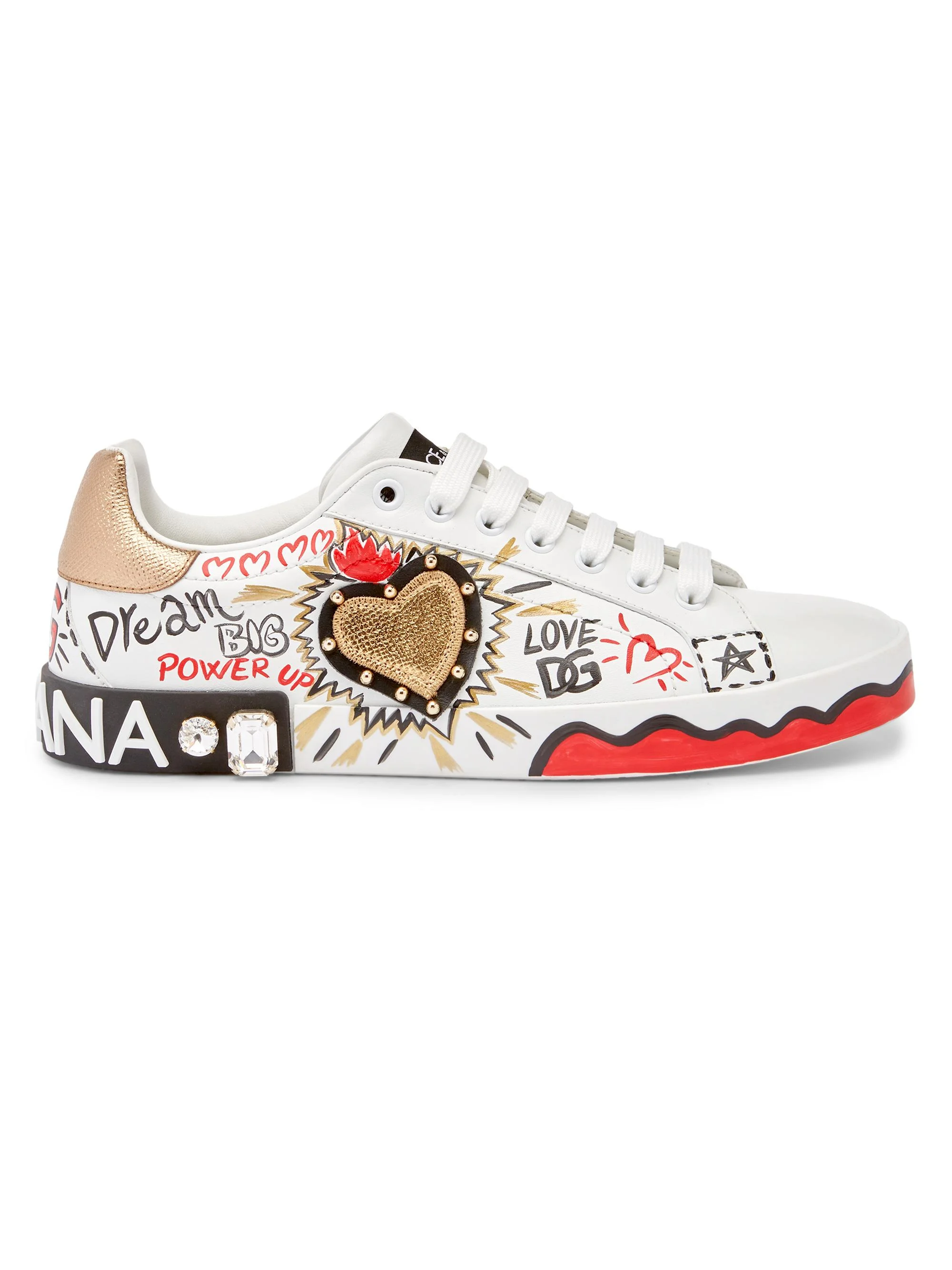 Women's Embellished Printed Leather Low-Top Sneakers - Bianco Oro Antico - 1