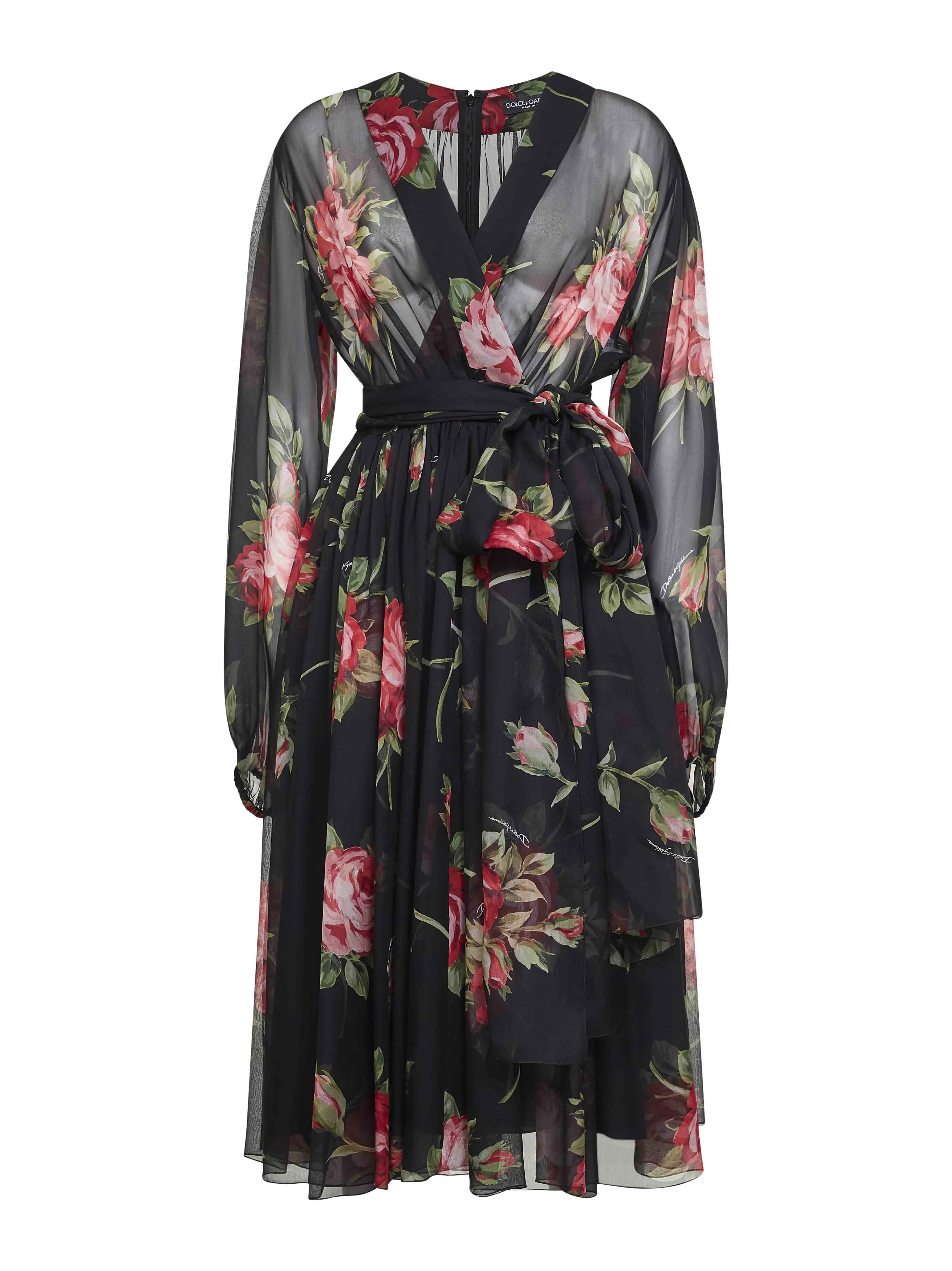 Dolce & Gabbana Women Black Rose Bouquet Printed Chiffon Dress - 1