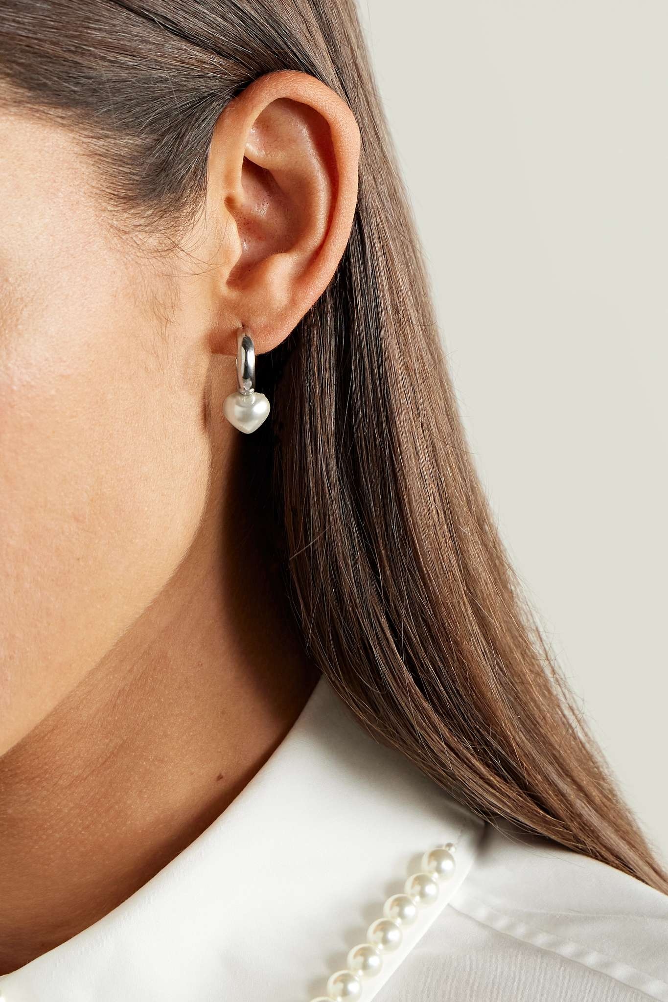 Mini Heart silver-tone faux pearl hoop earrings 2