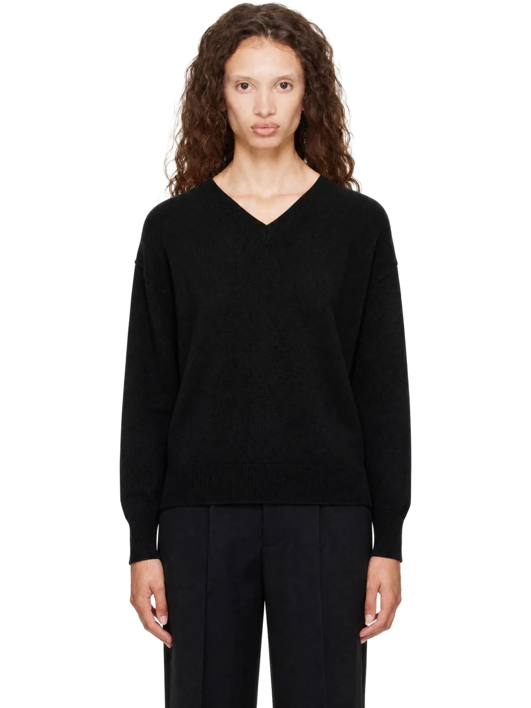 Black Pure Cashmere Knit V-Neck Sweater - 1
