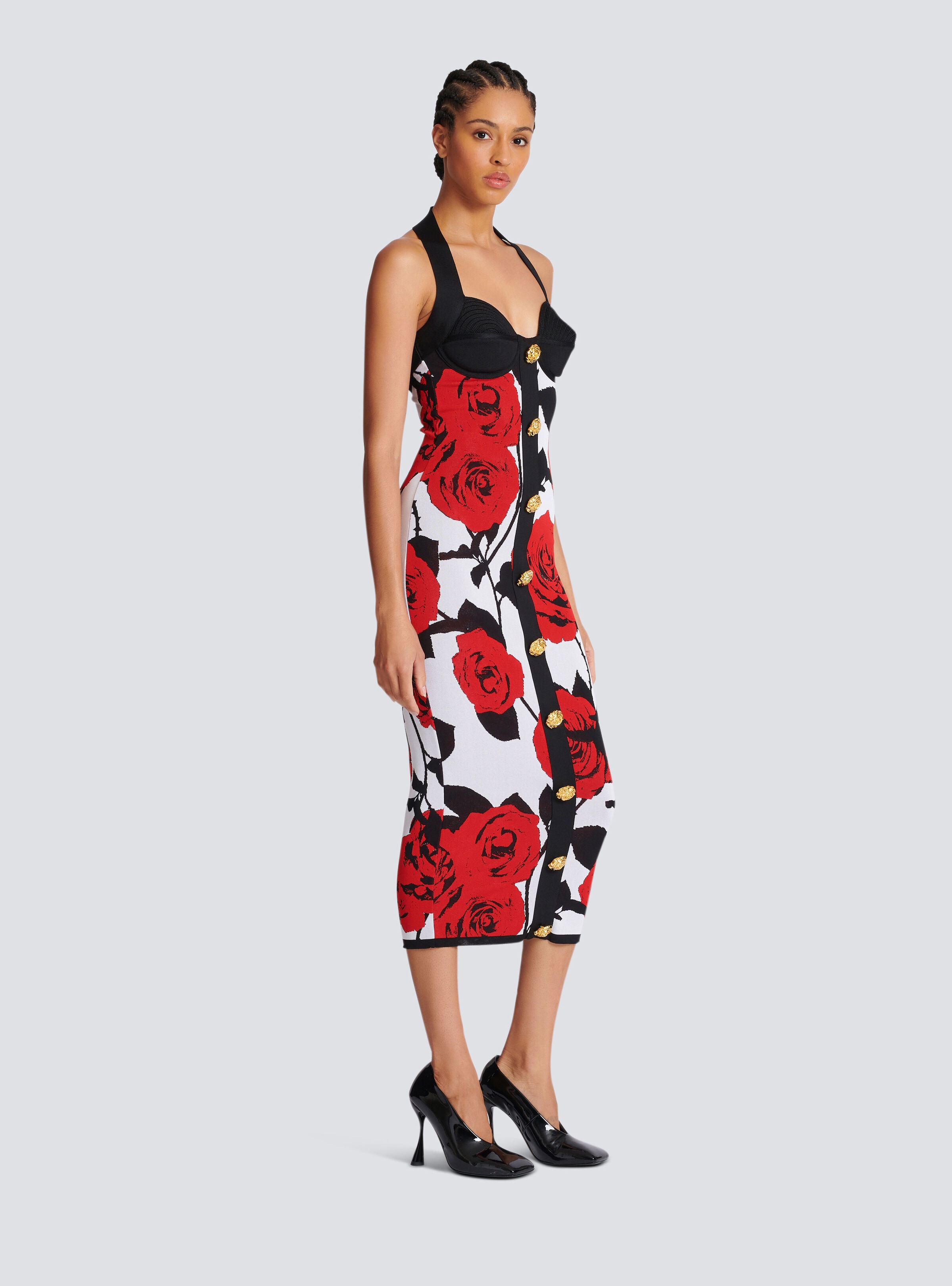 Halterneck dress in Red Roses jacquard knit - 3