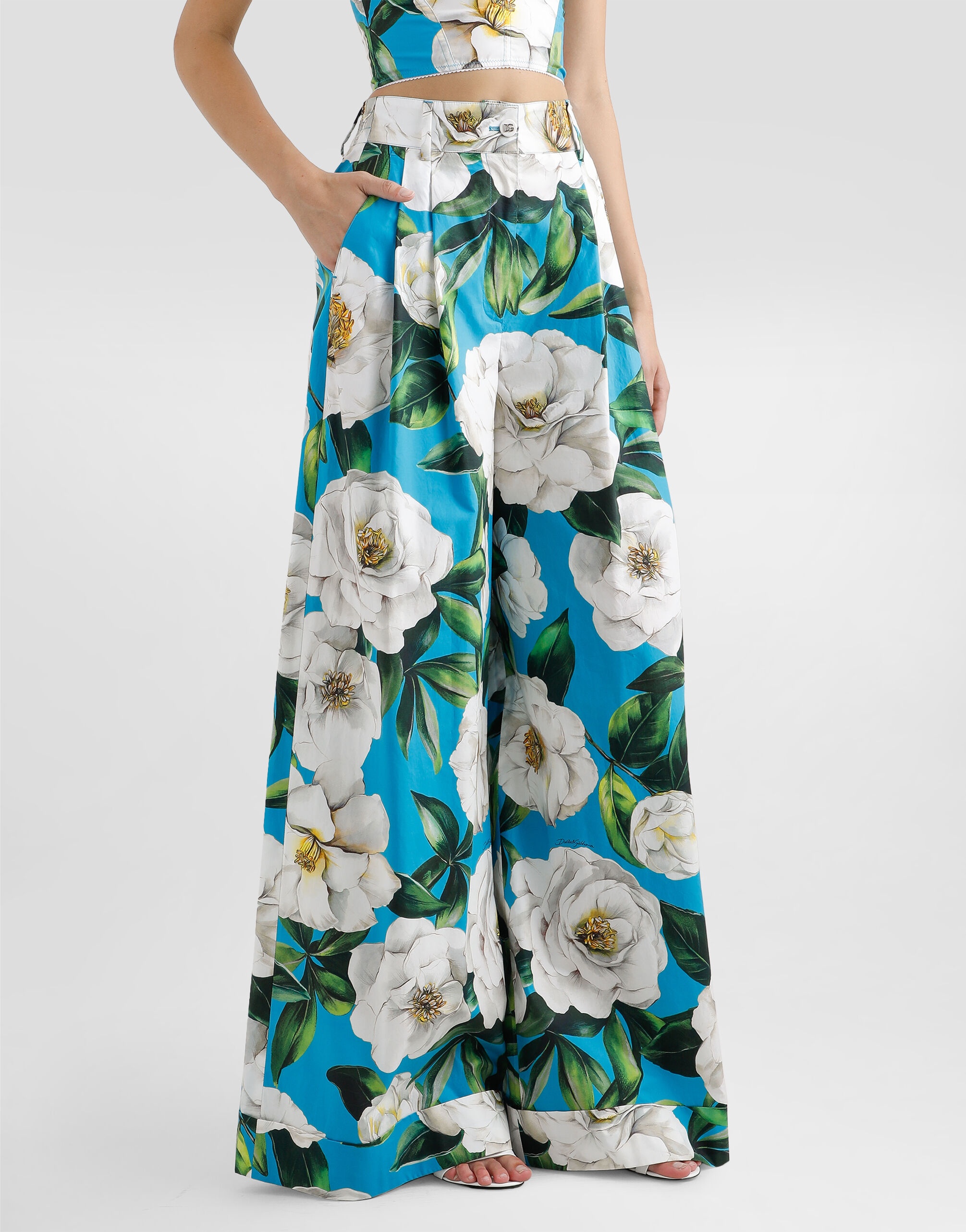 Cotton palazzo pants with gardenia print - 4