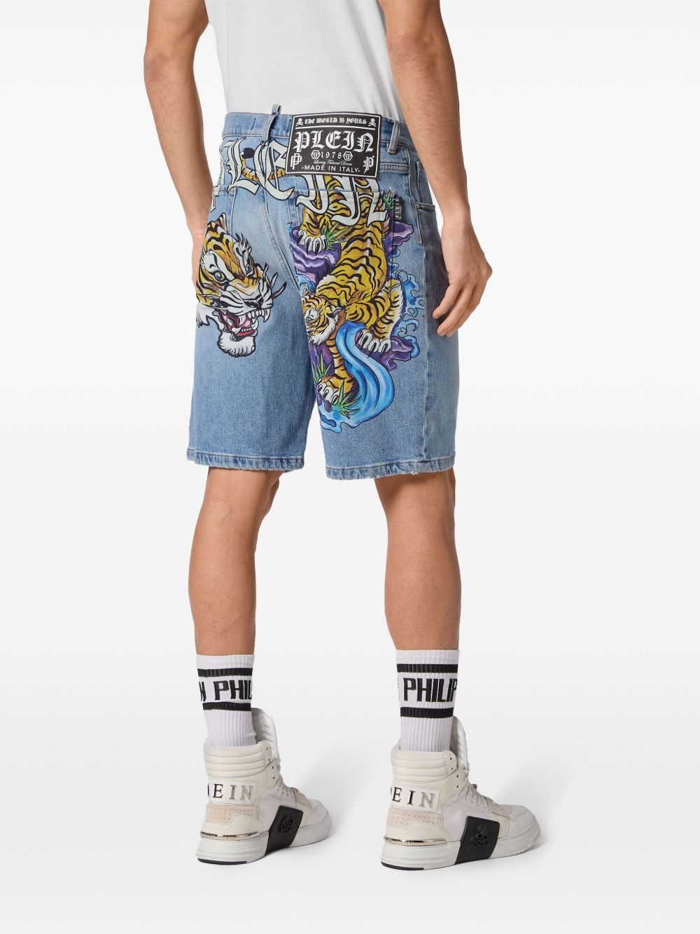 tiger-print denim shorts - 3