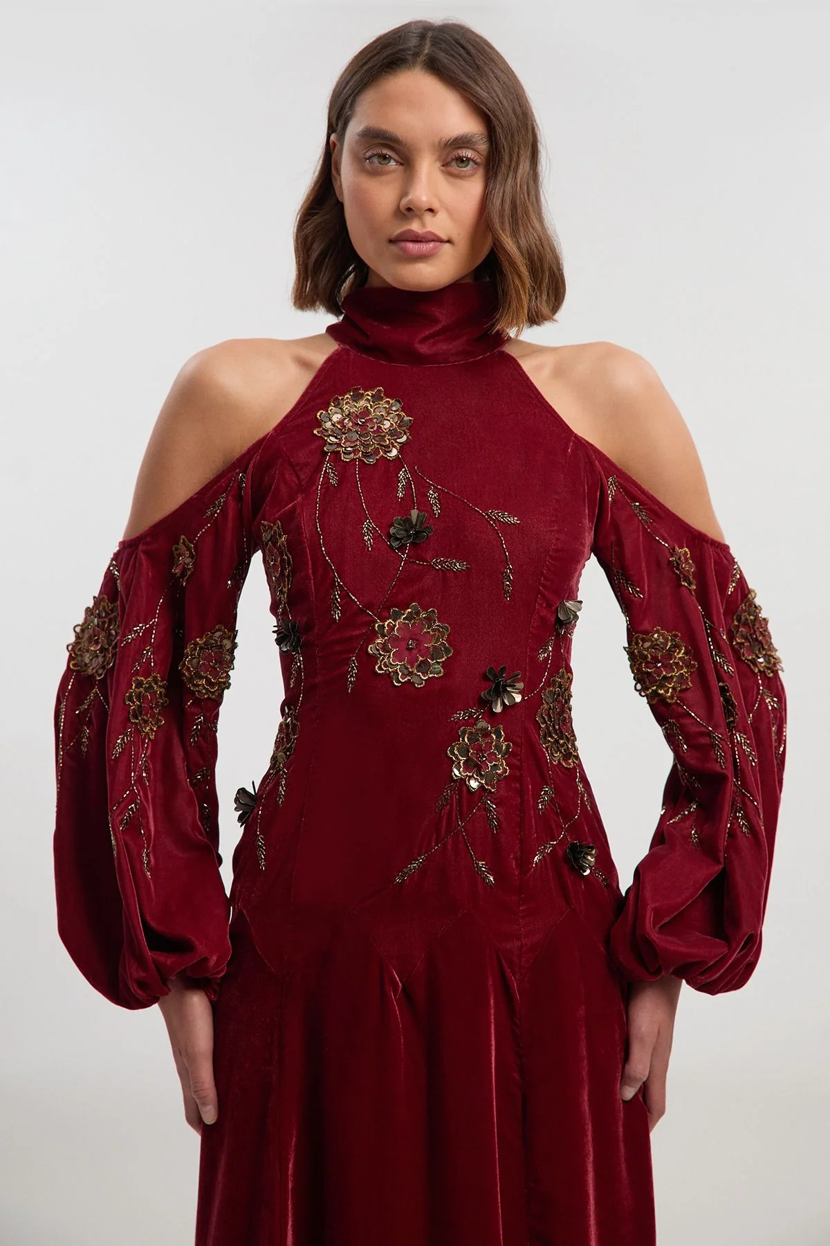 Velvet Cold Shoulder 3D Floral Applique Woven Maxi Dress - 1
