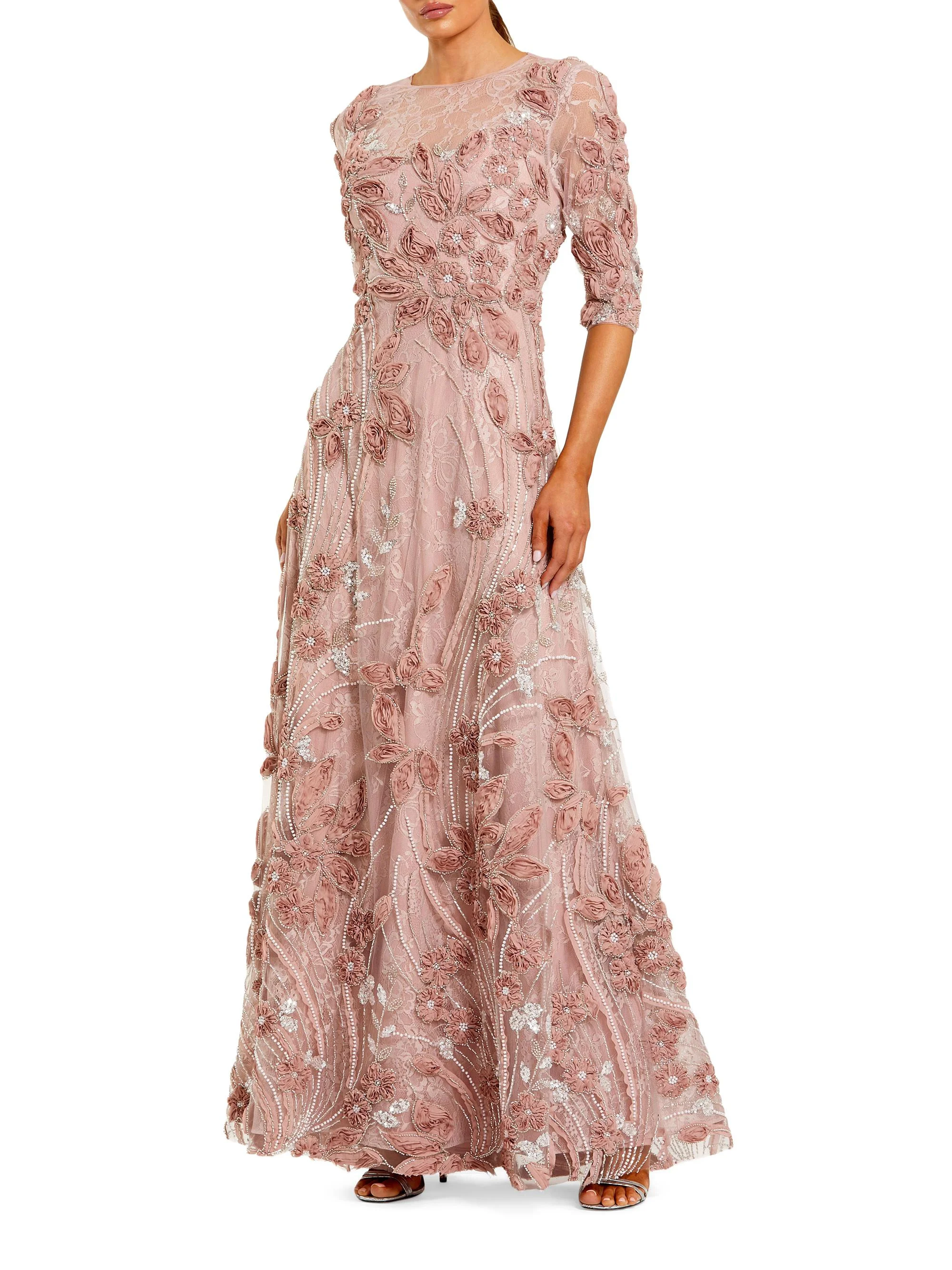 Women's Embellished Appliquéd Lace Gown - Mocha - 1