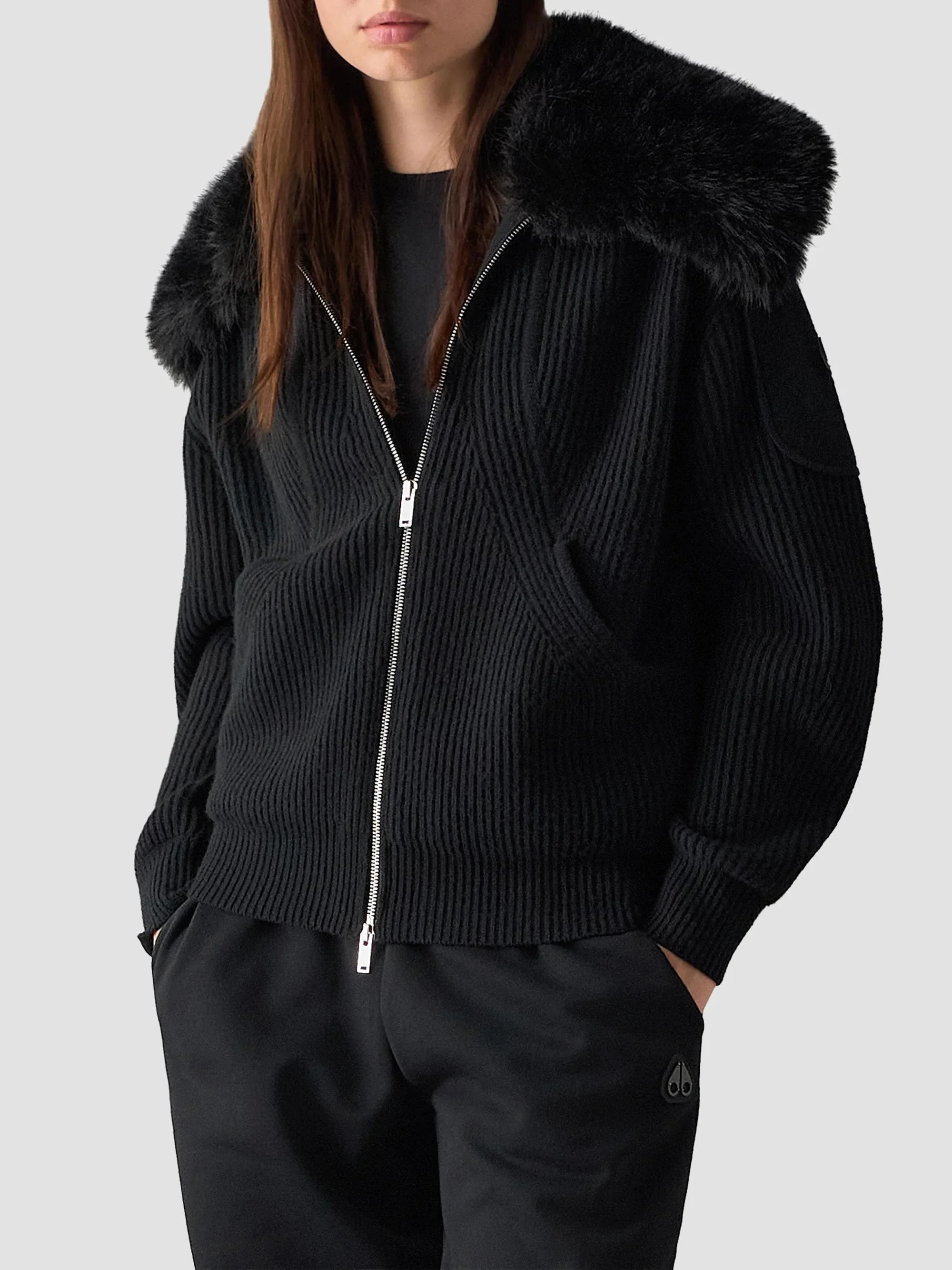 Women's Corina Faux-Fur Collar Wool Zip Sweater - Black - 1