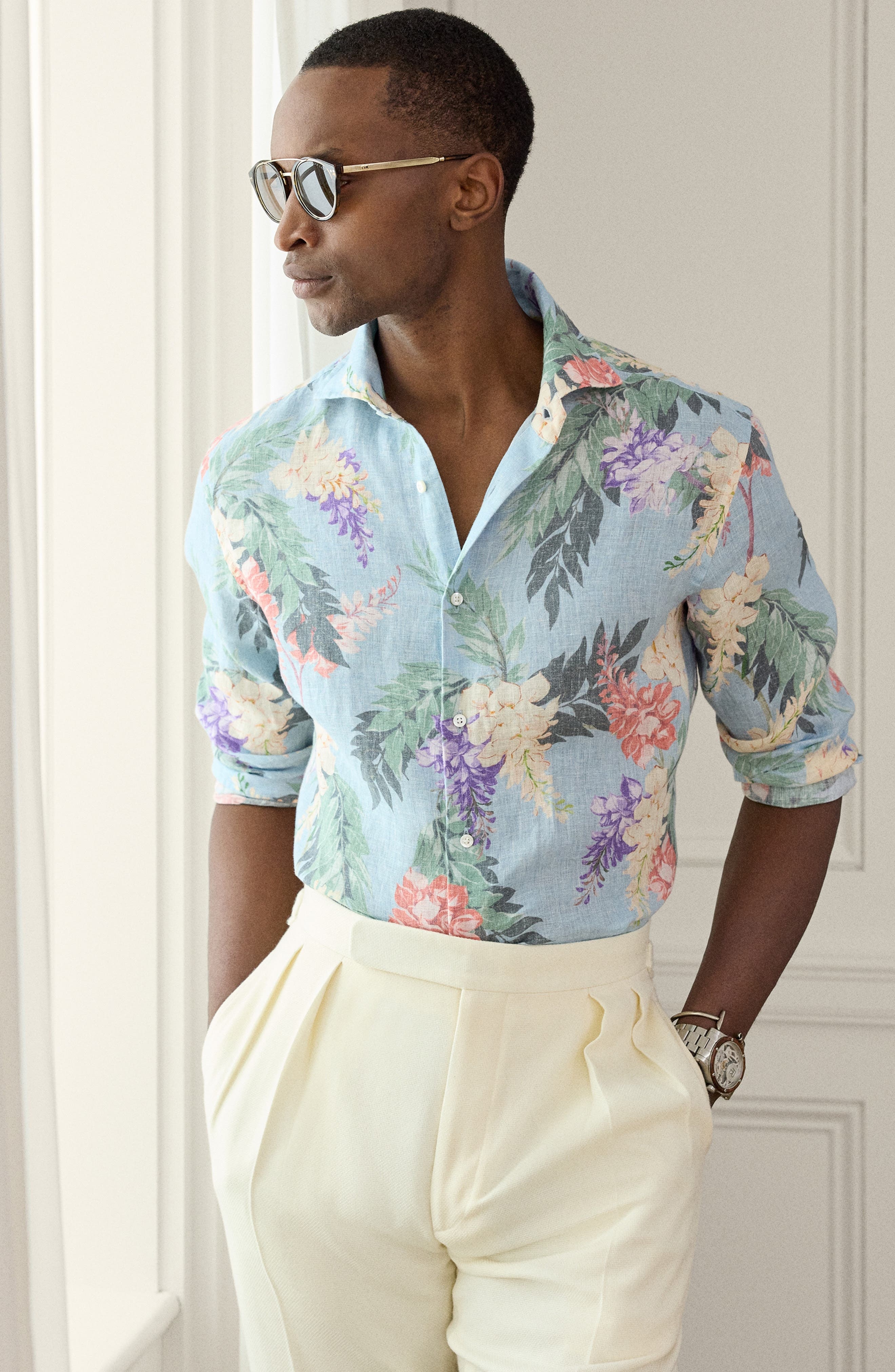 Ralph Lauren Purple Label Palma Floral Linen Button-Up Shirt in Blue Multi at Nordstrom - 2