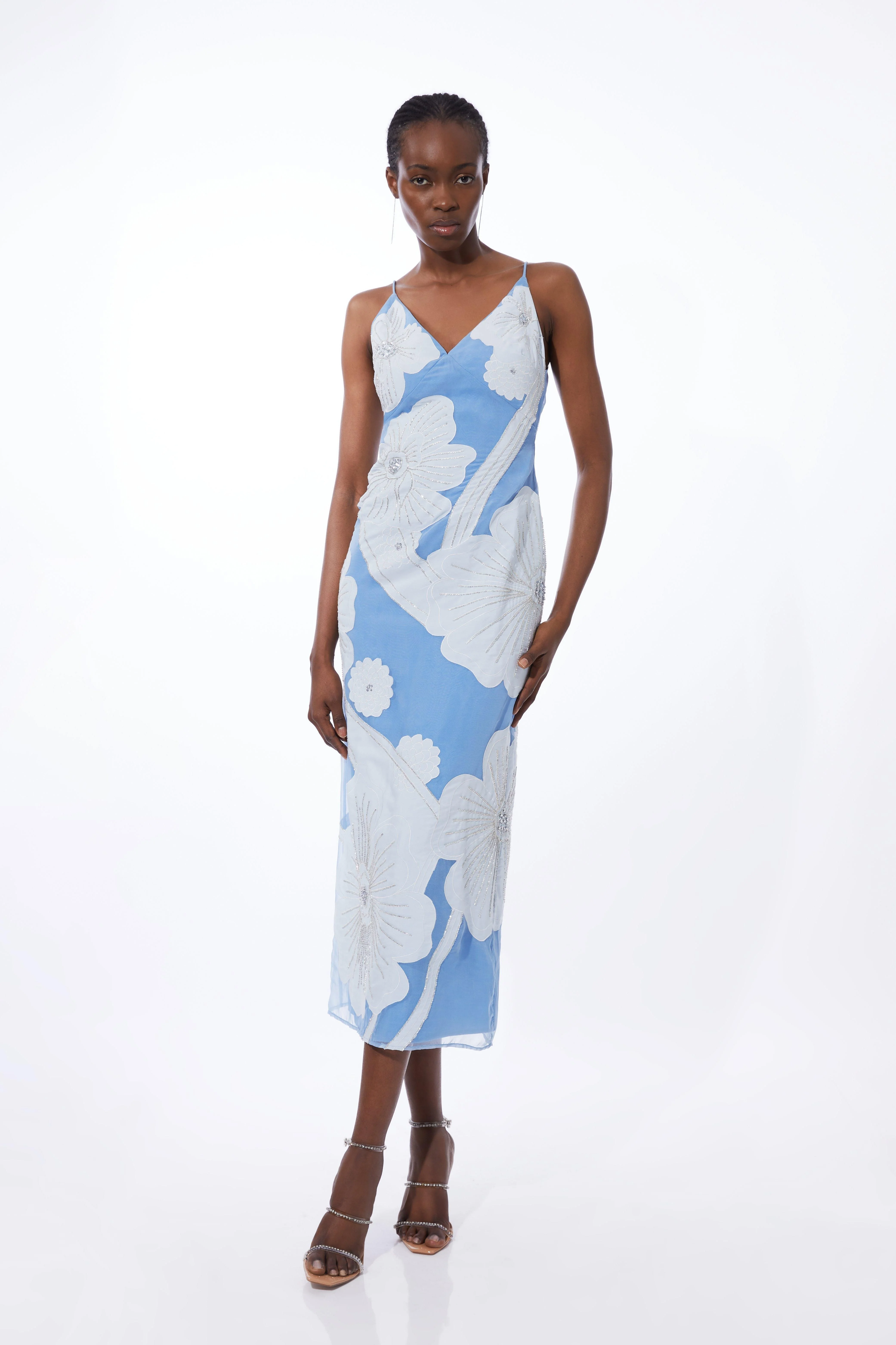 Applique Organdie Satin Woven Midi Dress - 1