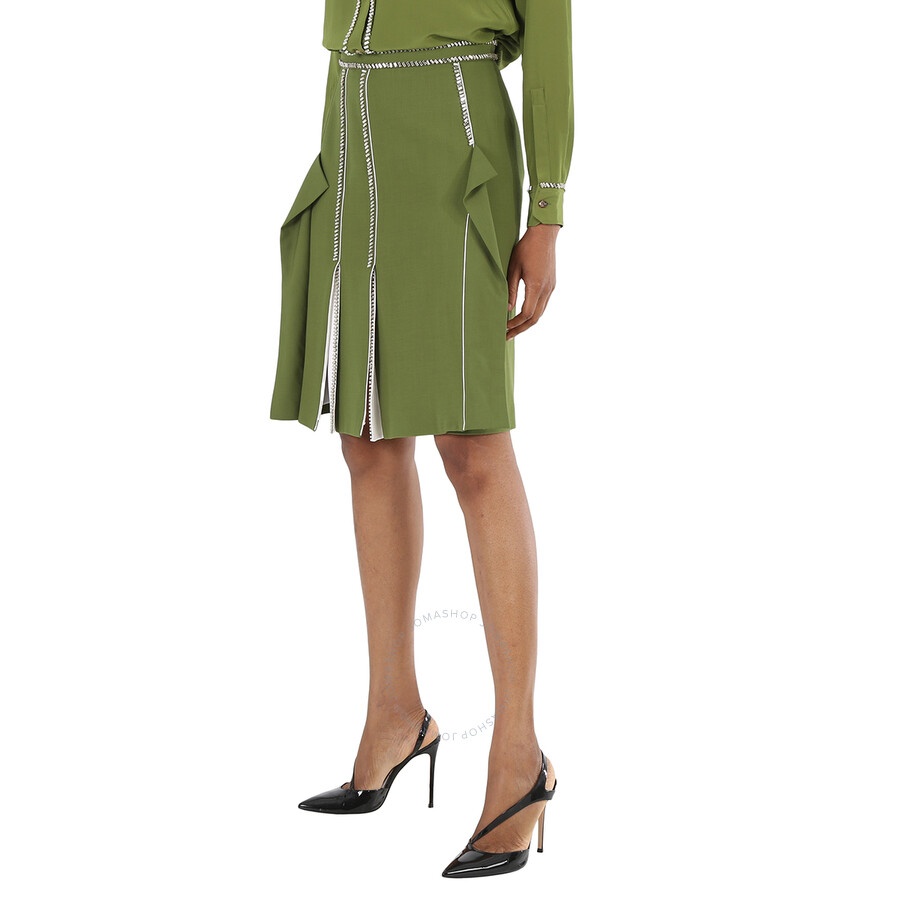 Burberry Ladies Cedar Green Crystal Detail Panelled Wool-Crepe A-Line Skirt - 4