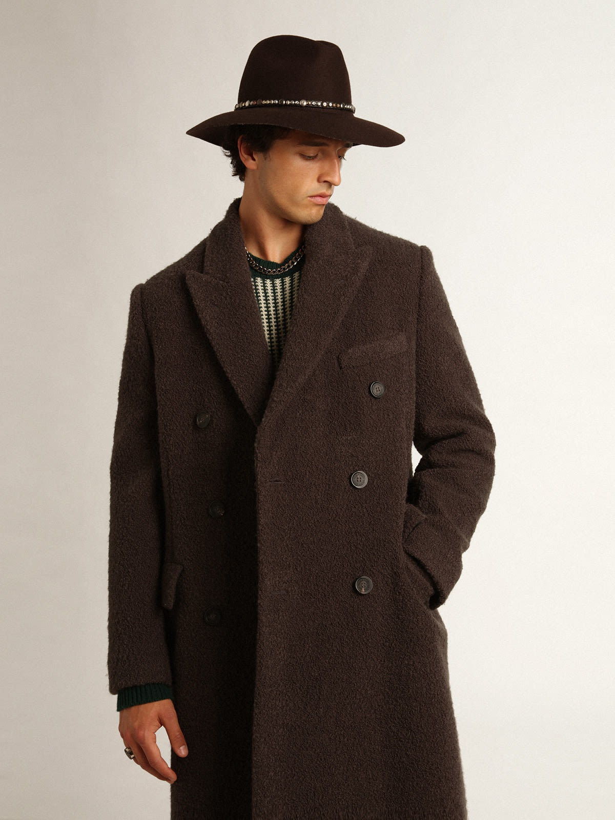 Men's double-breasted coat in licorice-colored bouclé wool - 2