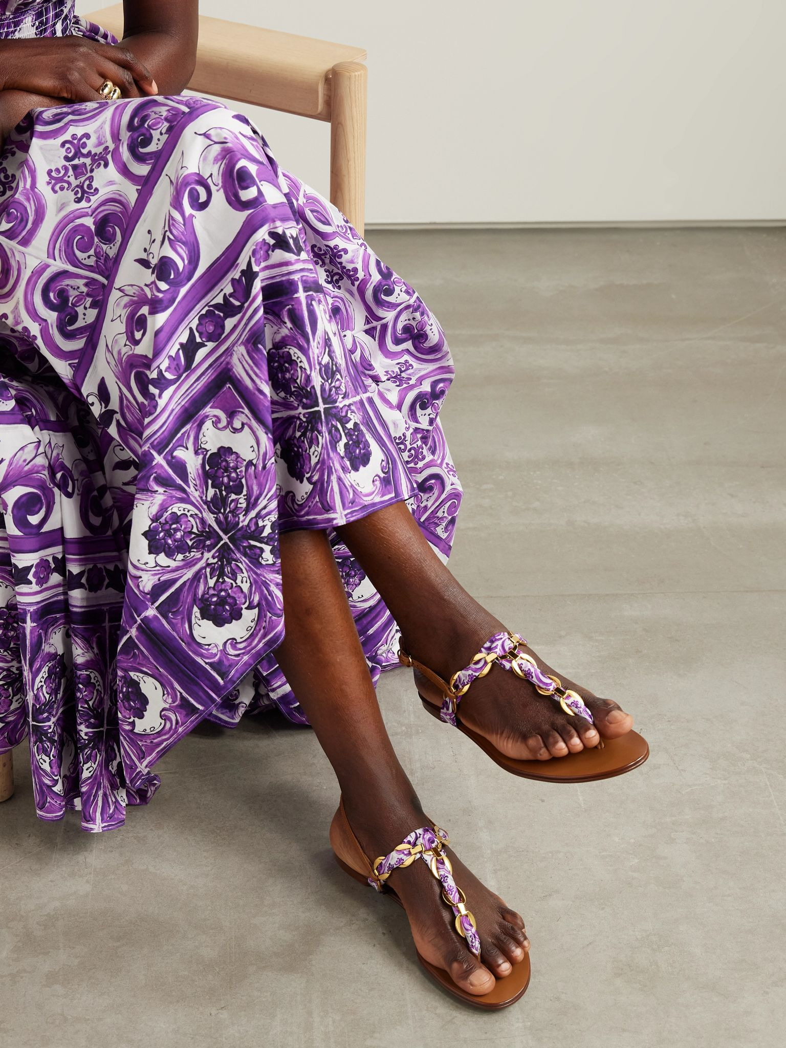 Leather-trimmed chain-embellished printed satin-twill sandals Purple - 2