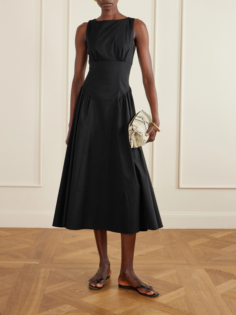 STAUD Gwen Paneled Pleated Cotton-blend Poplin Midi Dress outlook