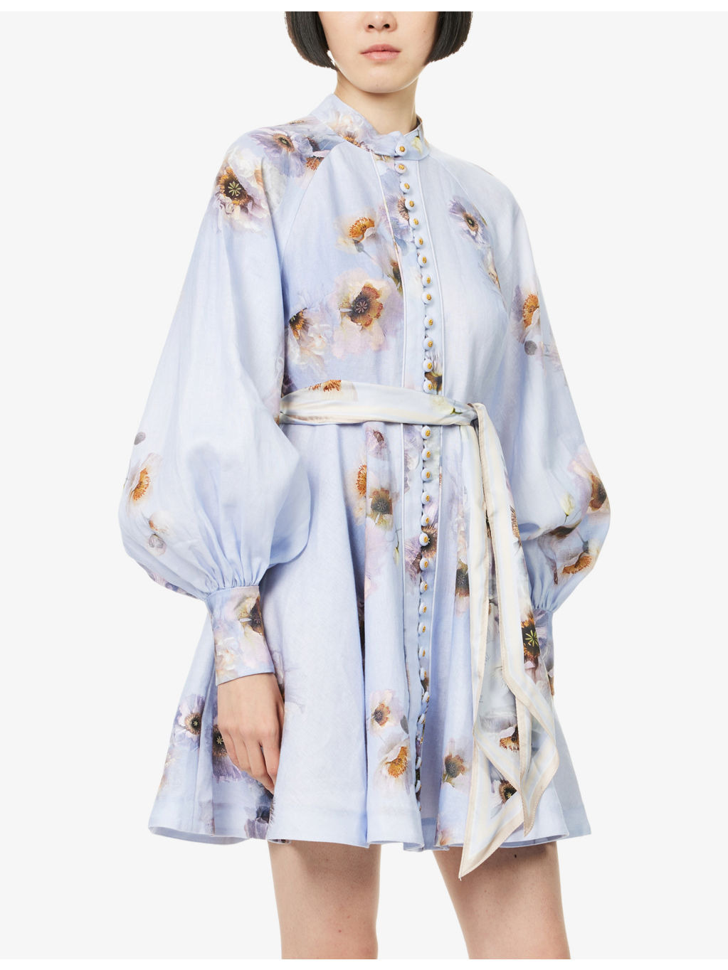 Printed Silk-Belt Buttoned Linen Mini Dress - 3