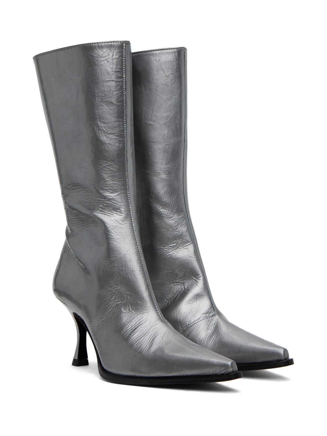 Silver Leather Heel Boots - 4