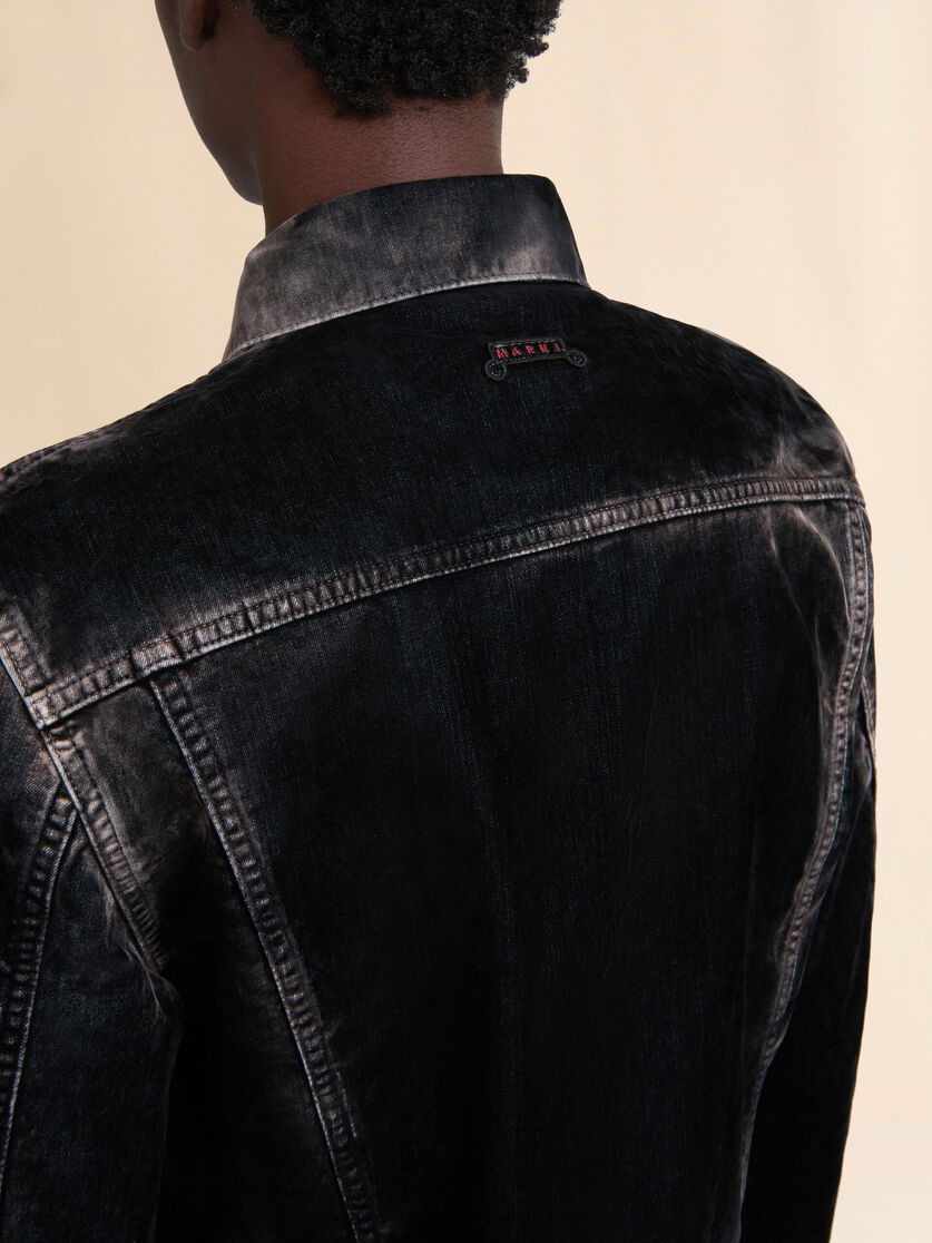 BLACK FLOCKED DENIM  TRUCKER JACKET - 5