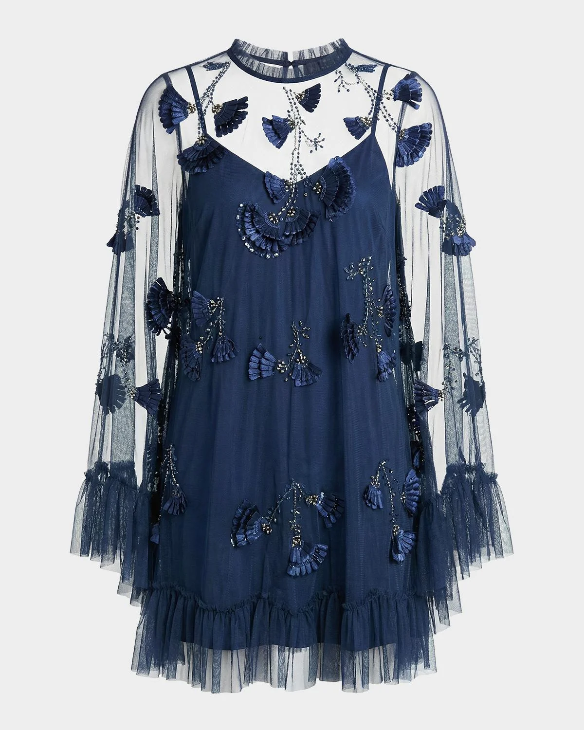 Embellished Mesh A-Line Mini Dress - 1