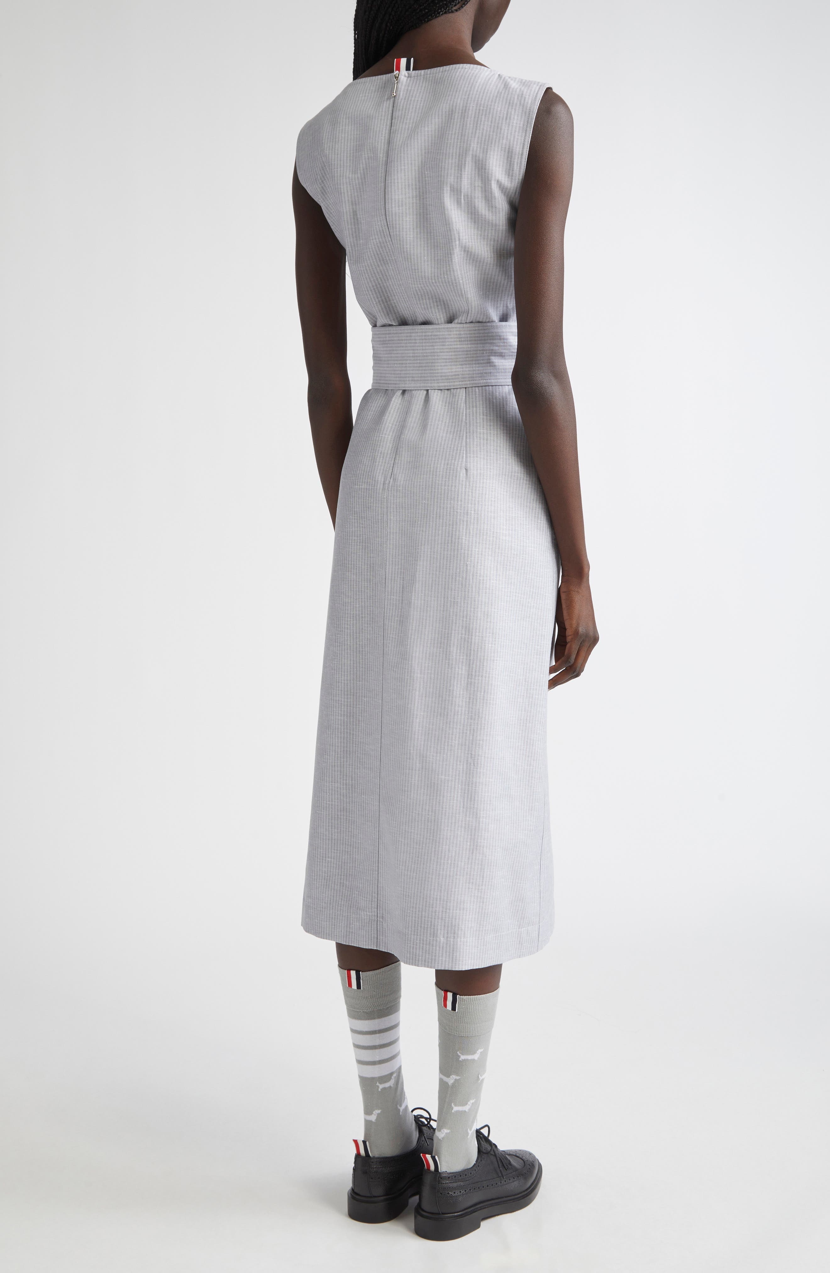 Thom Browne Stripe Bateau Neck Linen Blend Column Dress in Light Grey at Nordstrom - 2