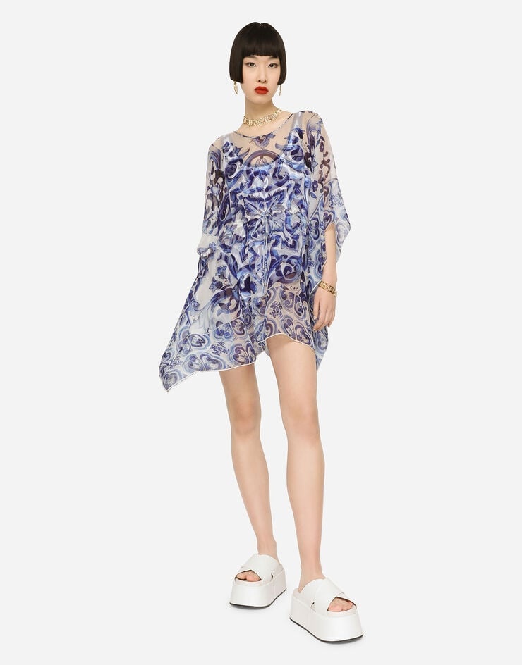 Short majolica-print chiffon caftan - 5