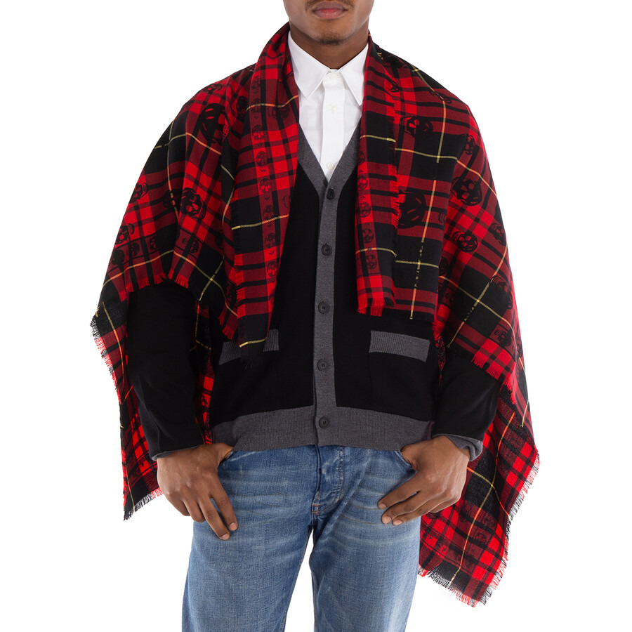 Alexander McQueen Men's Red/Black Skull Tartan Wool Scarf - 1