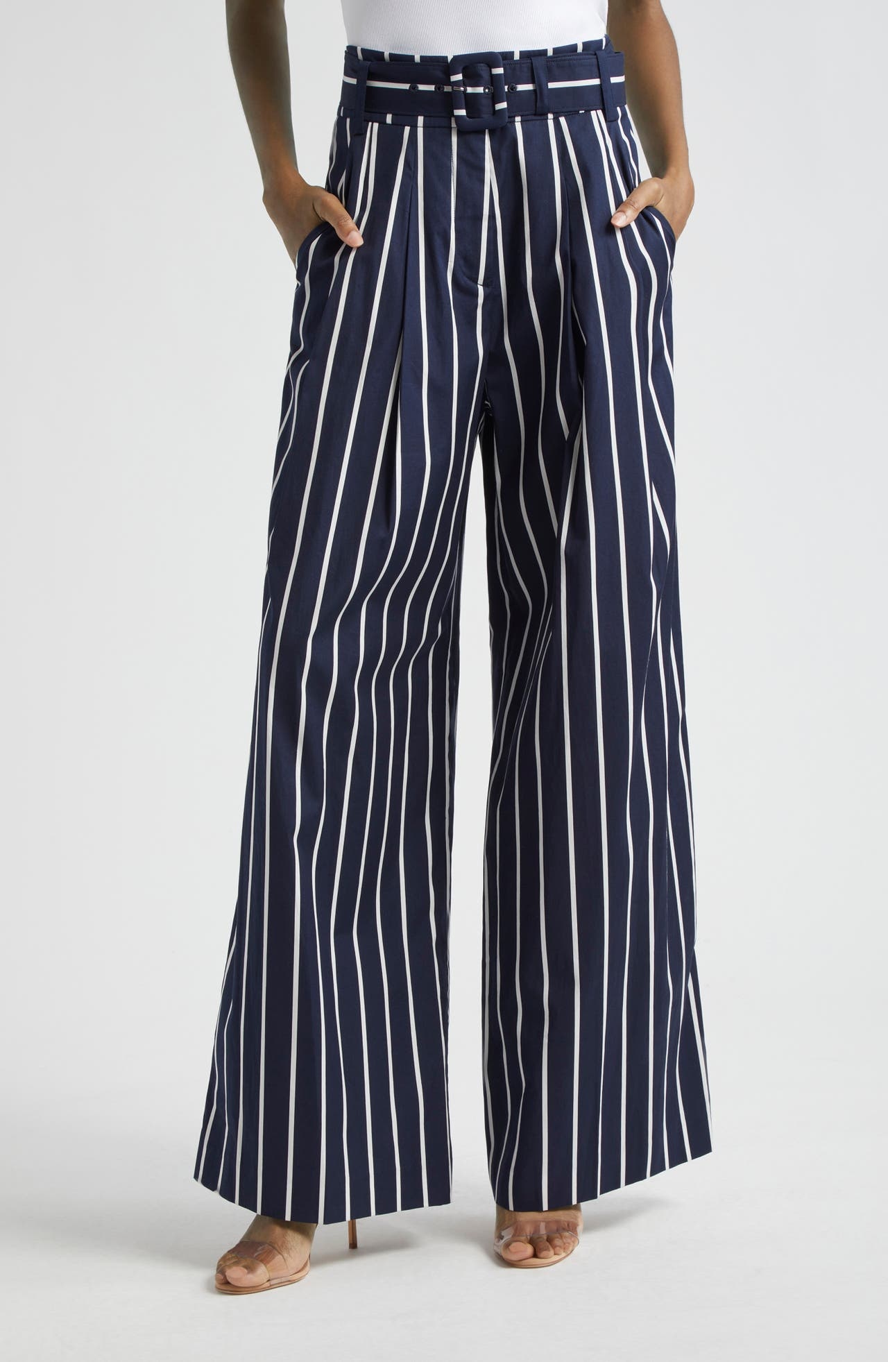 Veronica Beard Maliyah Stripe Belted Wide Leg Pants in Navy/White at Nordstrom - 1