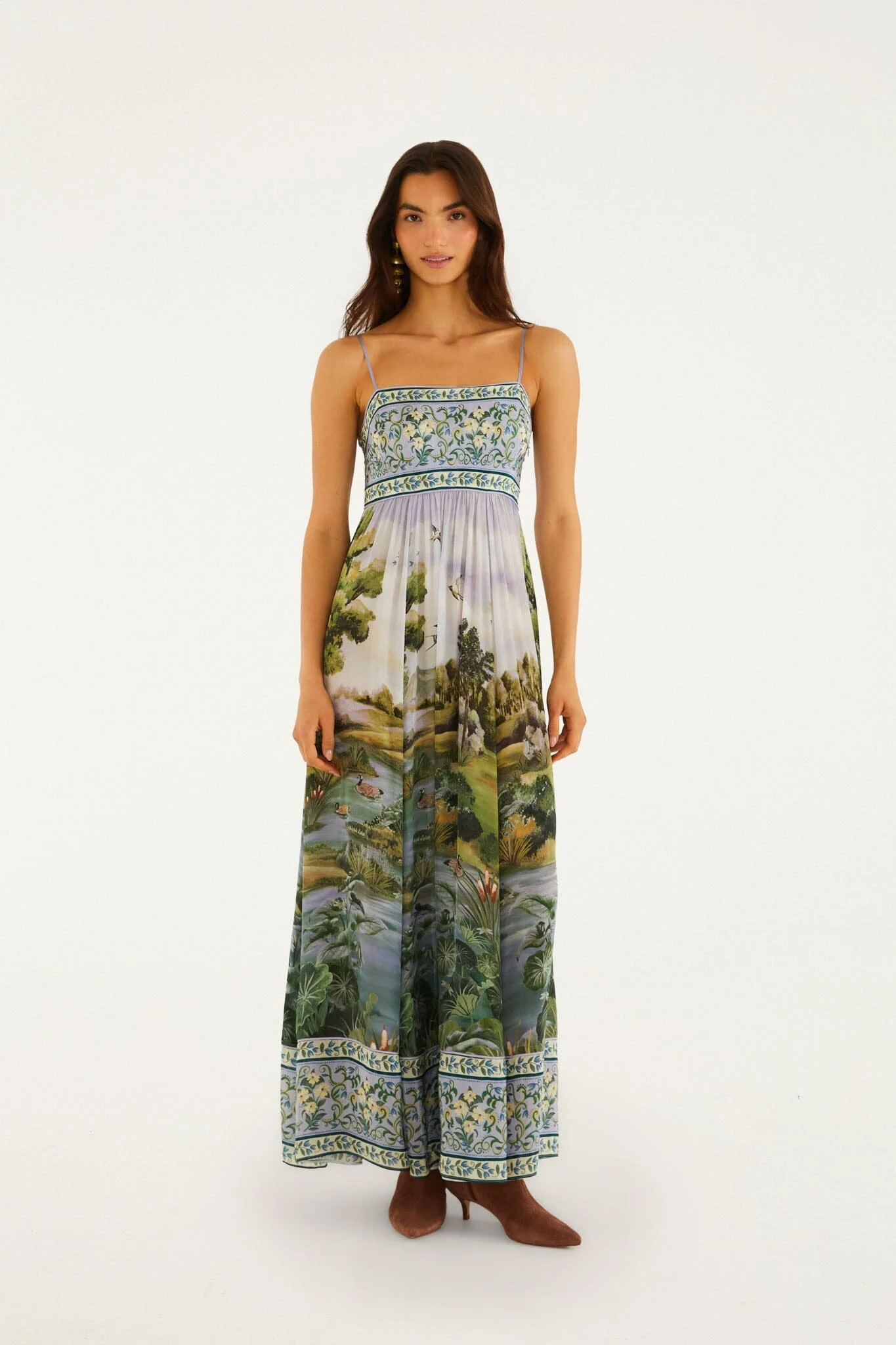 Multicolor Countryside Landscape Adjustable Straps Maxi Dress - 1