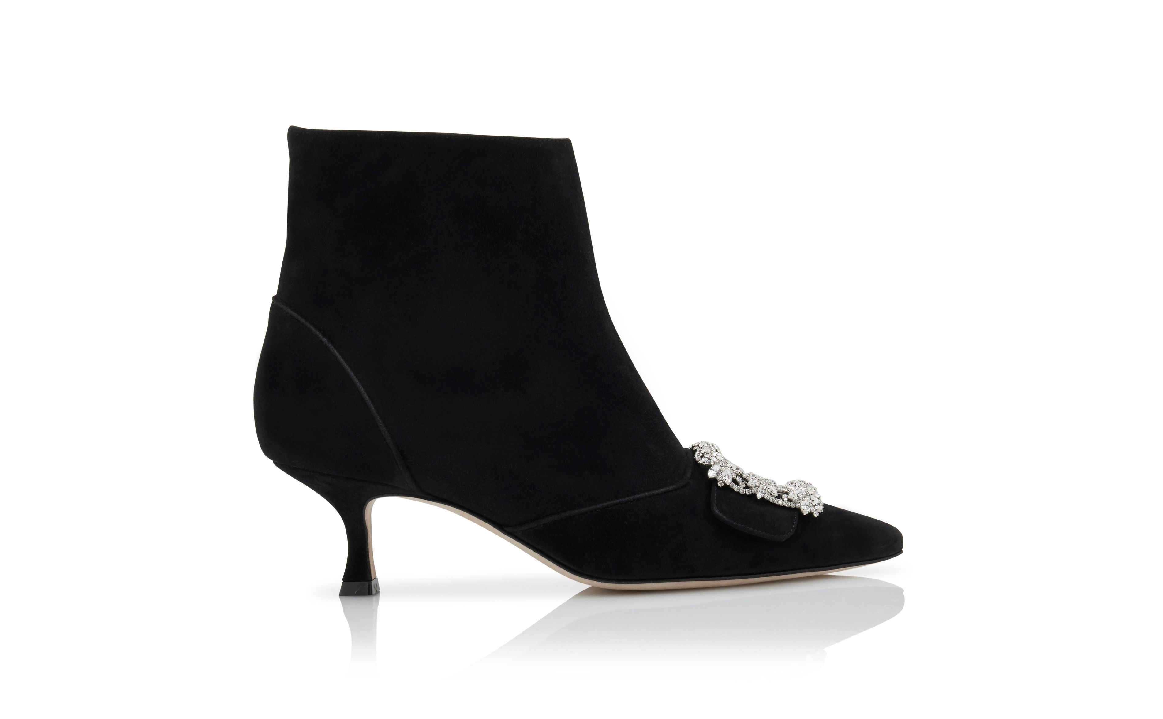 Black Suede Crystal Buckle Ankle Boots - 1