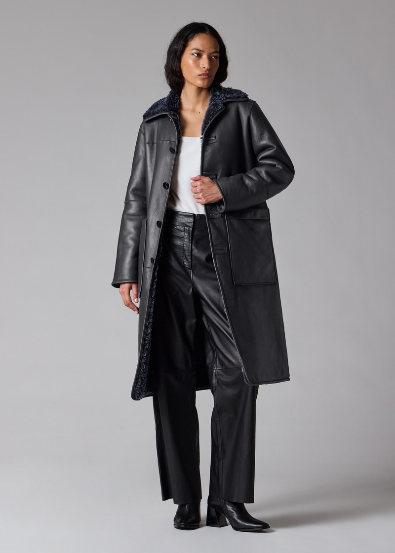 Women's Navy Reversible Leather and Shearling Coat 9
