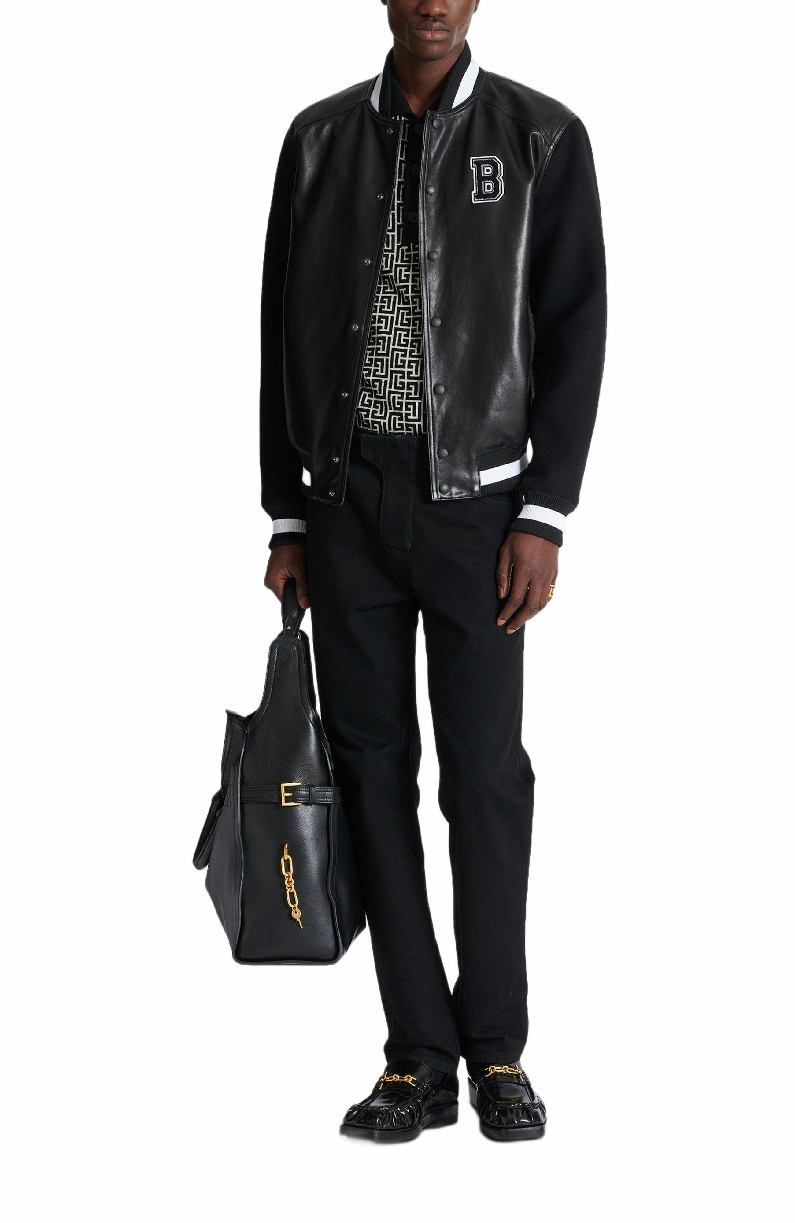 Balmain Varsity lambskin leather and wool jacket in Black at Nordstrom - 3