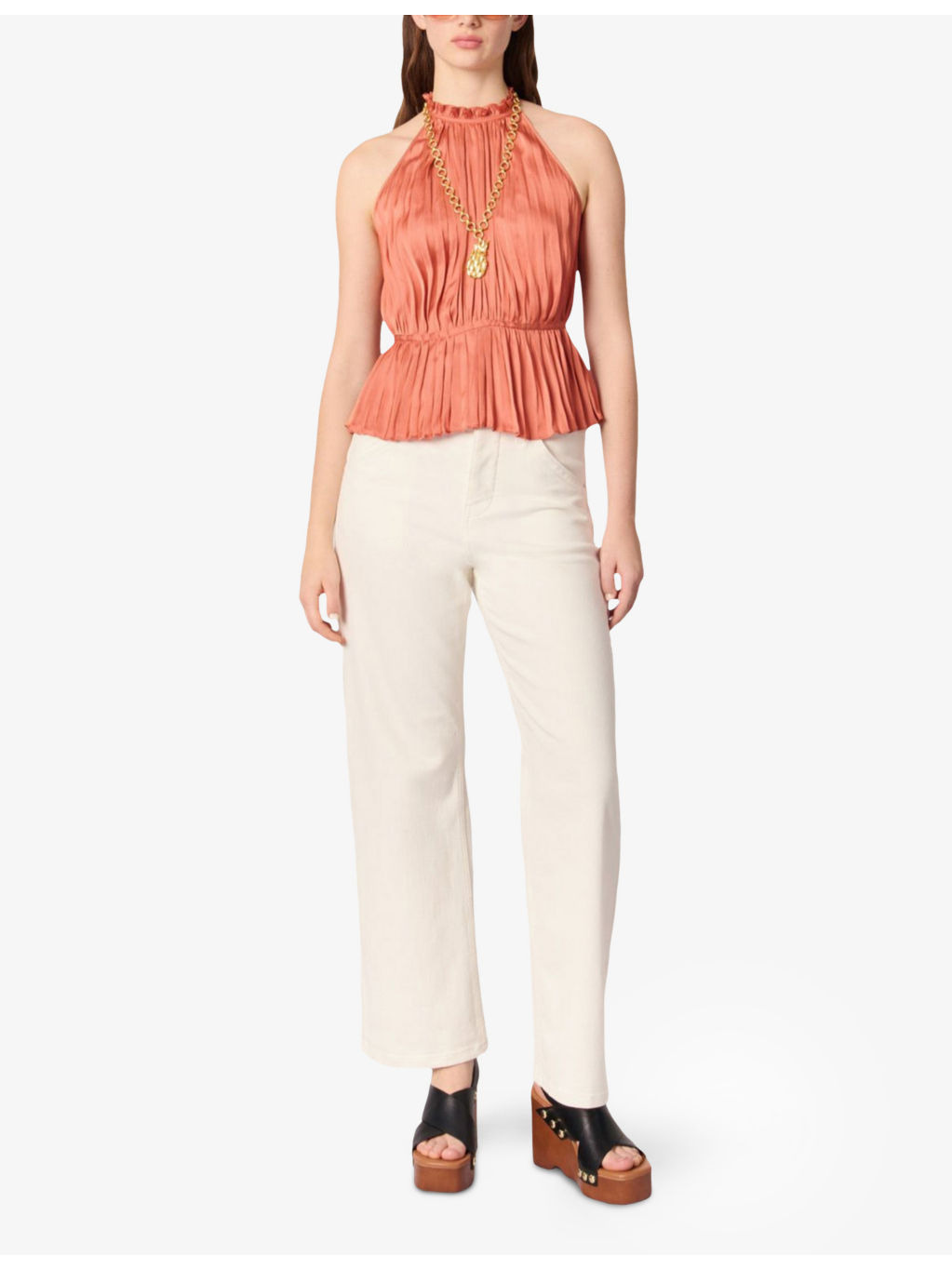 Halter-Neck Peplum-Hem Pleated Woven Top - 2