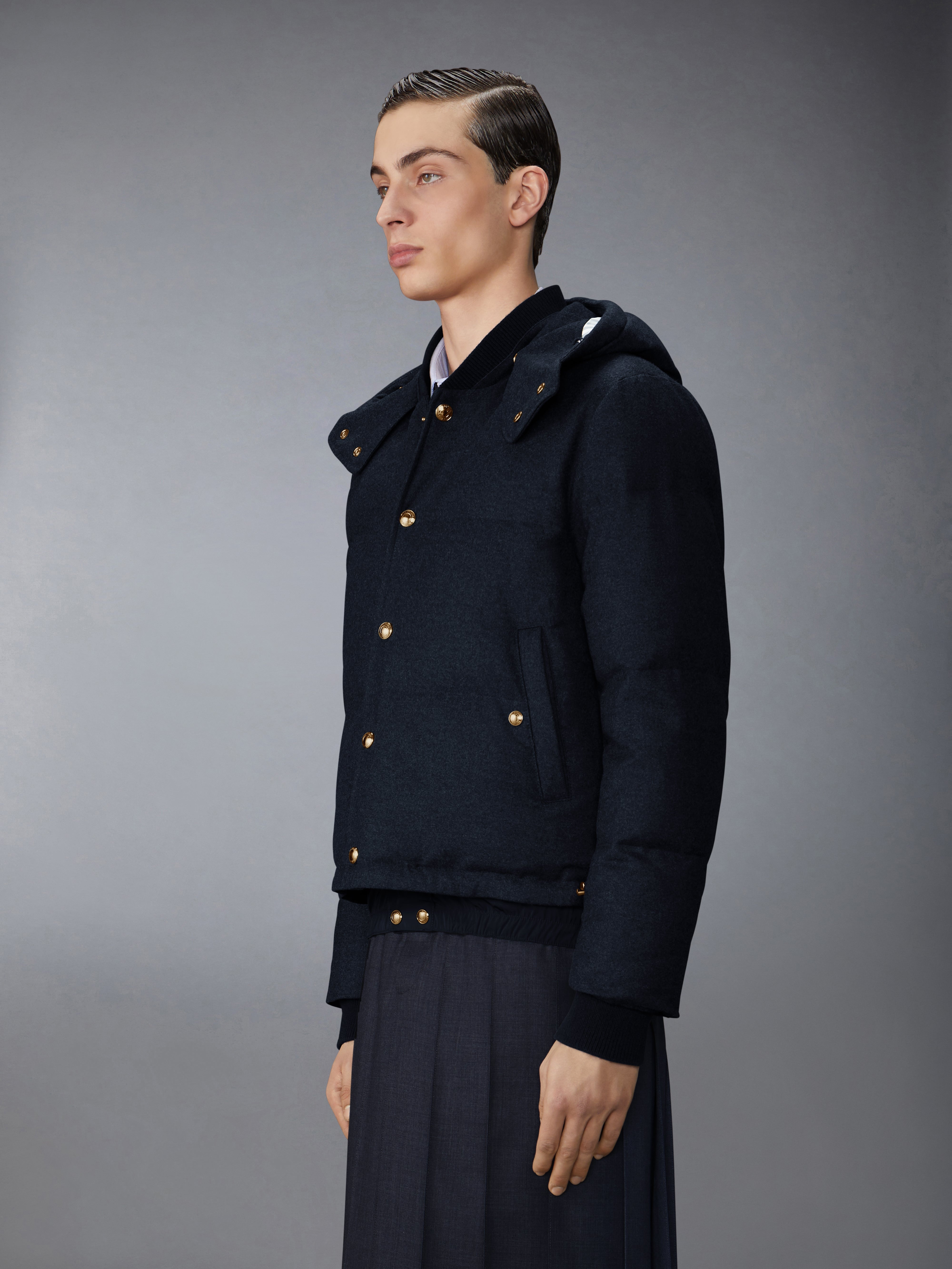 DOWNFILL SNAP FRONT DETACHABLE HOOD BOMBER W/ TONAL GROSGRAIN IN WOOL FLANNEL - 7
