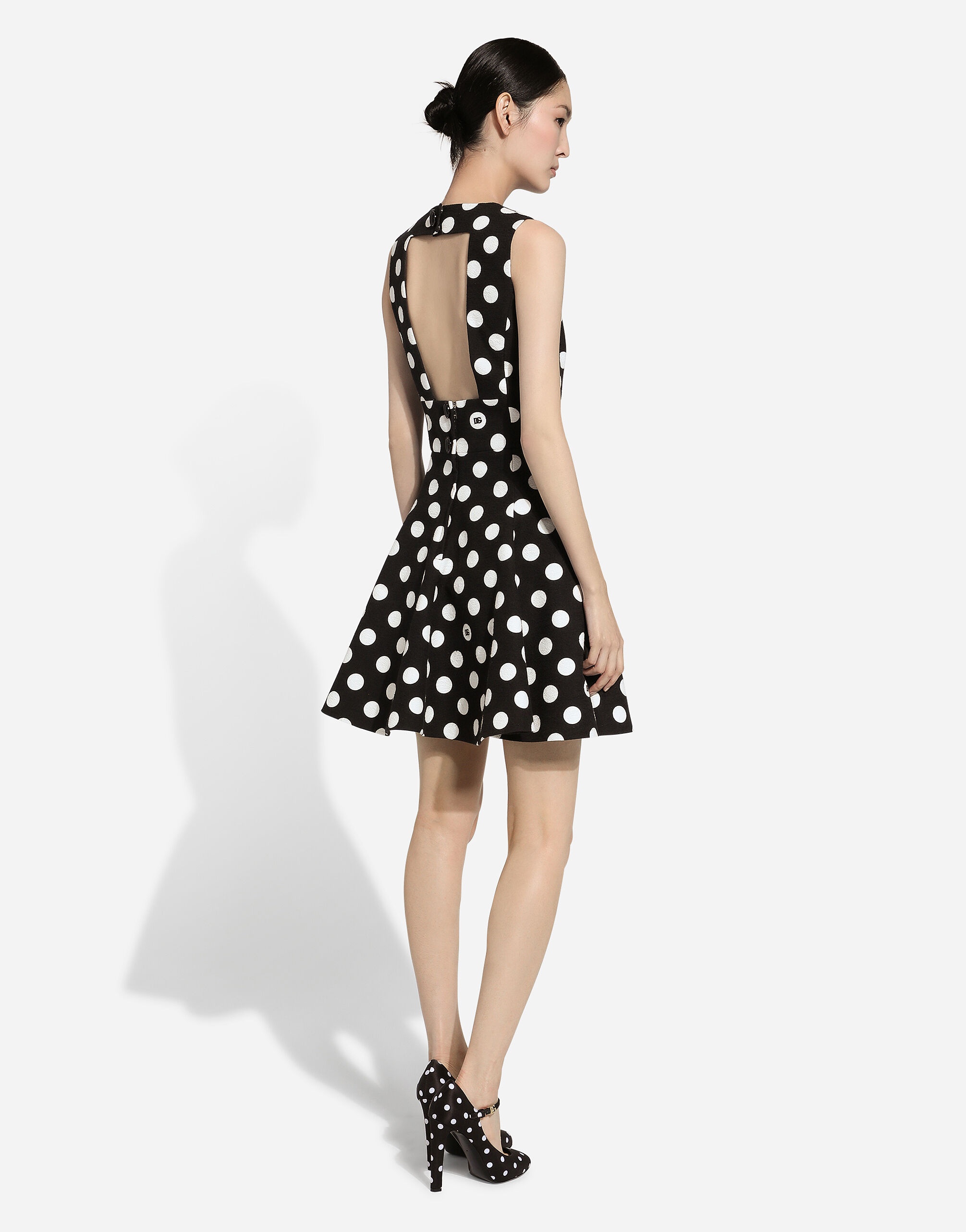 Short cotton rush-stitch brocade dress with polka-dot print - 3