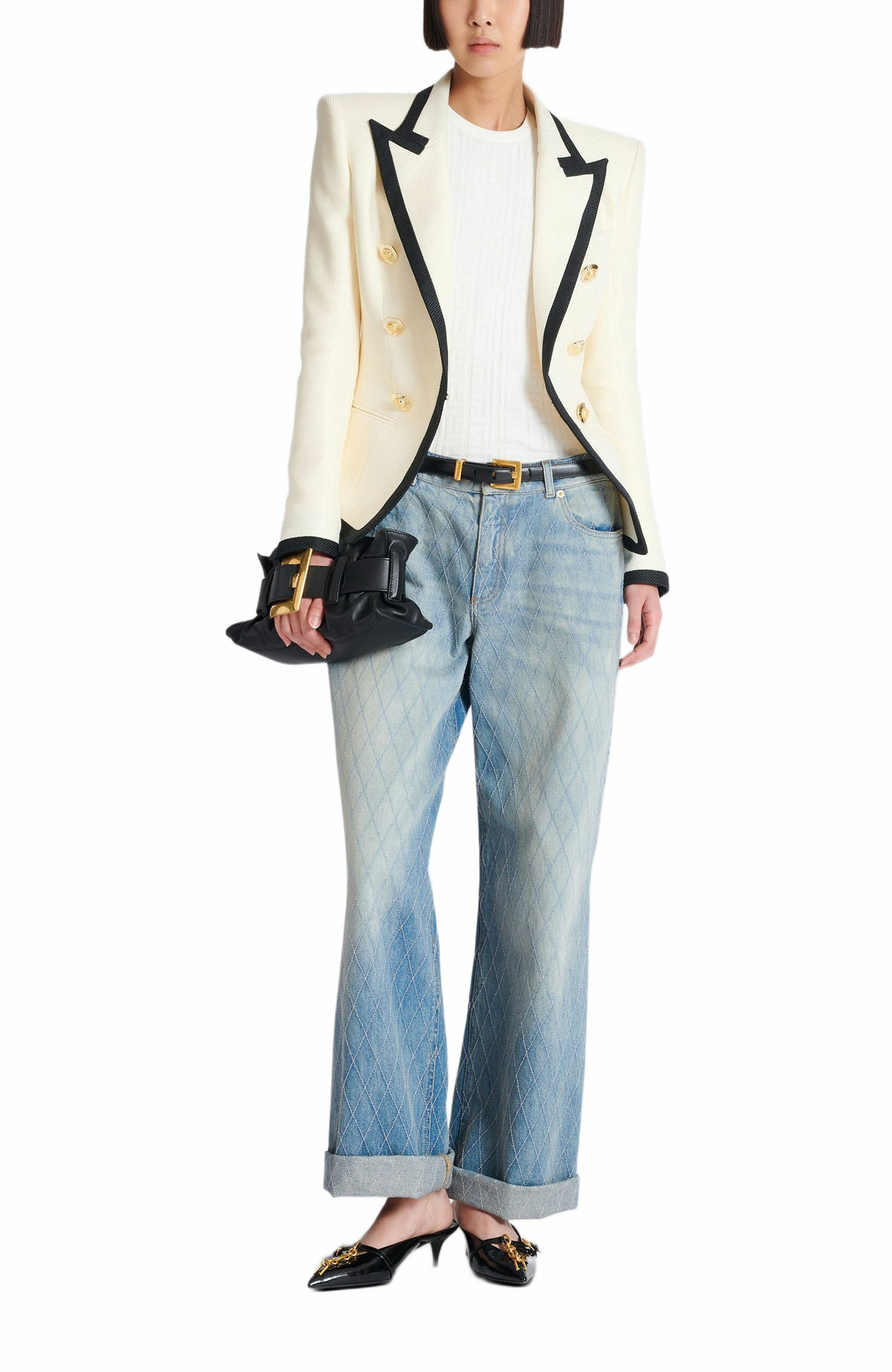 Balmain Fitted Two-Tone Basketweave Jacket in Beige at Nordstrom - 2