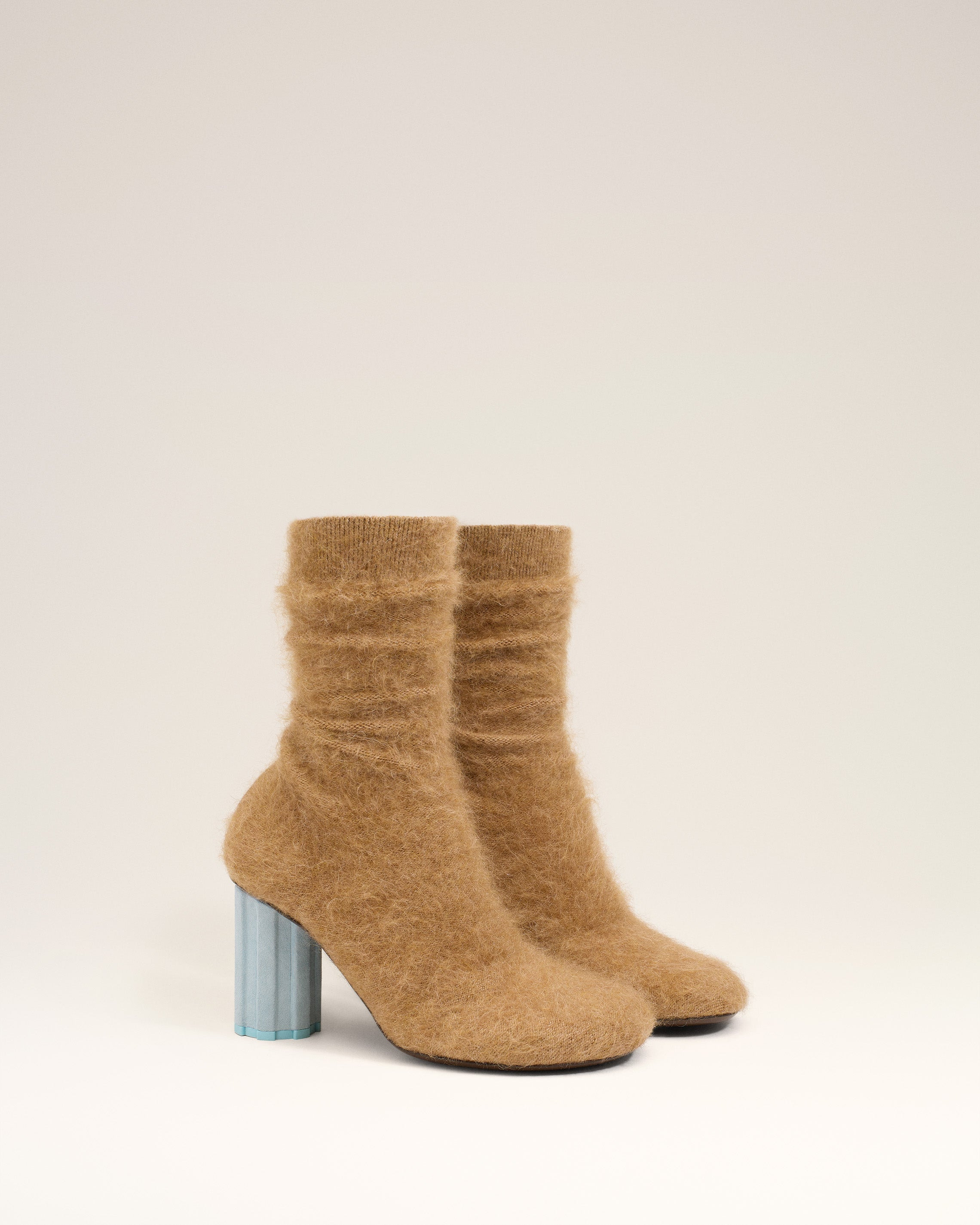 BROWN MOHAIR KNIT PIANO ANKLE BOOTS - 3