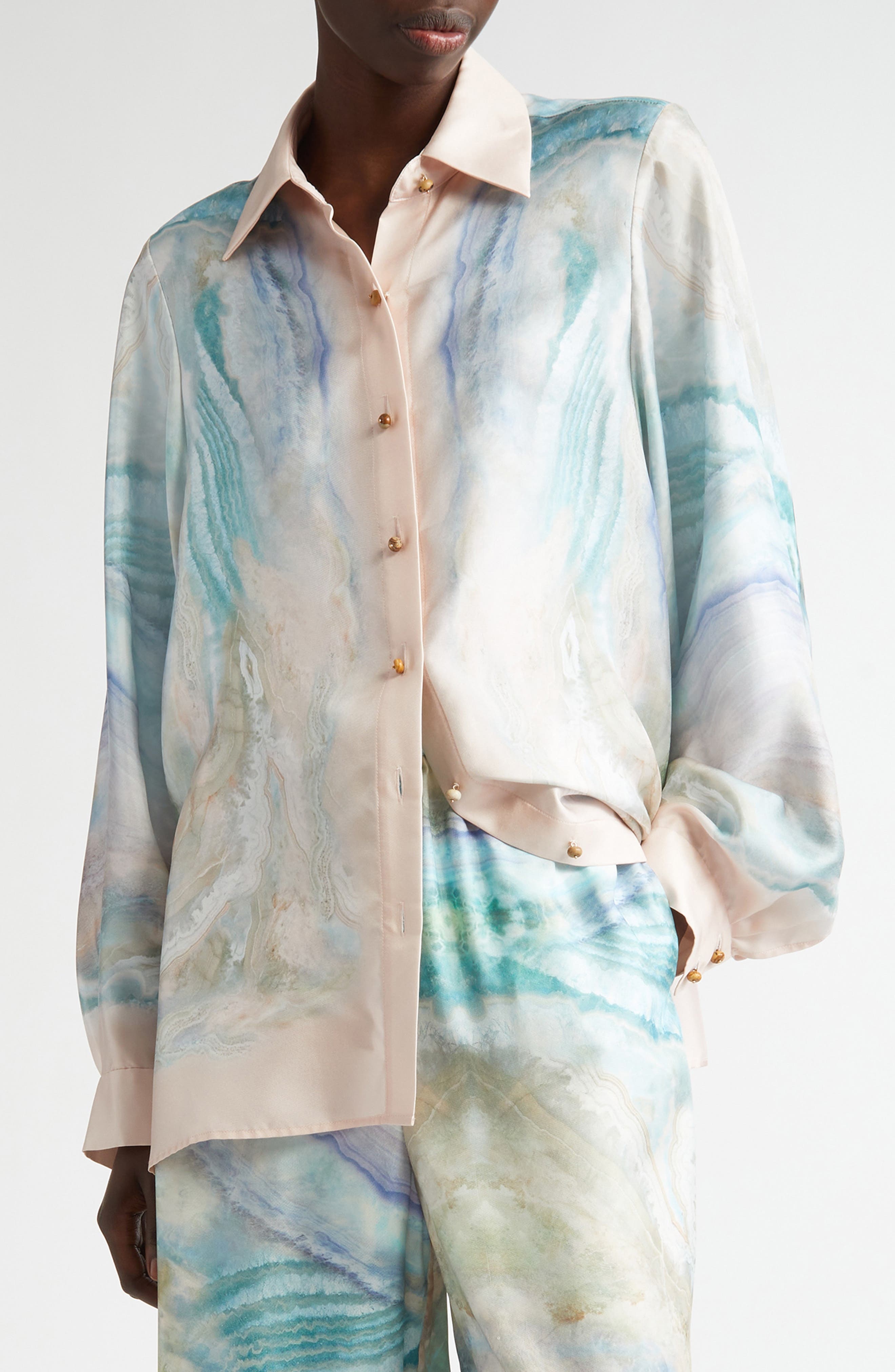 Zimmermann Agate Print Silk Button-Up Shirt in Blue Agate at Nordstrom - 1